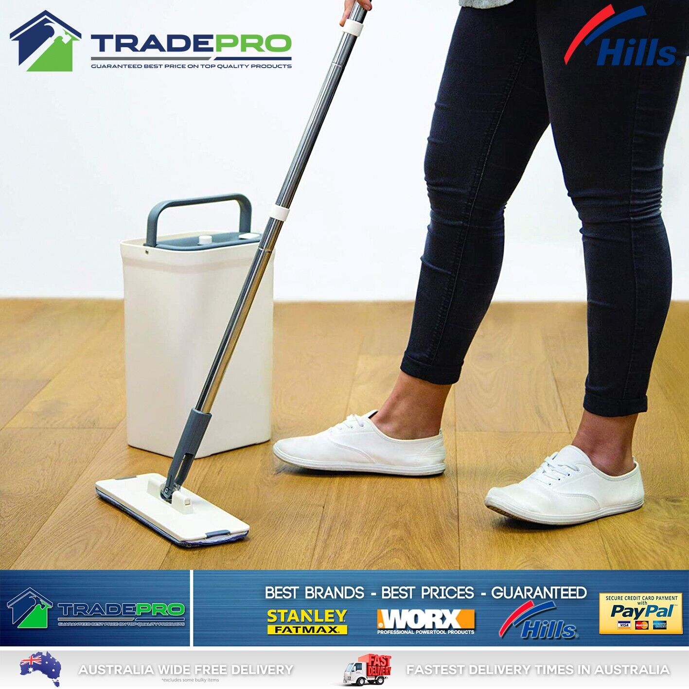 Hills Mop & Bucket Set Genuine Microfibre Squeeze Flat Floor Cleaner Tiles Vinyl