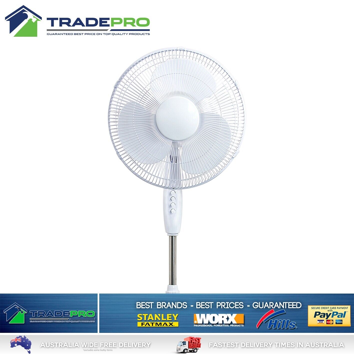Pedestal Fan 40cm 16" White 3 Speed Adjust Height Oscillation & Tilt