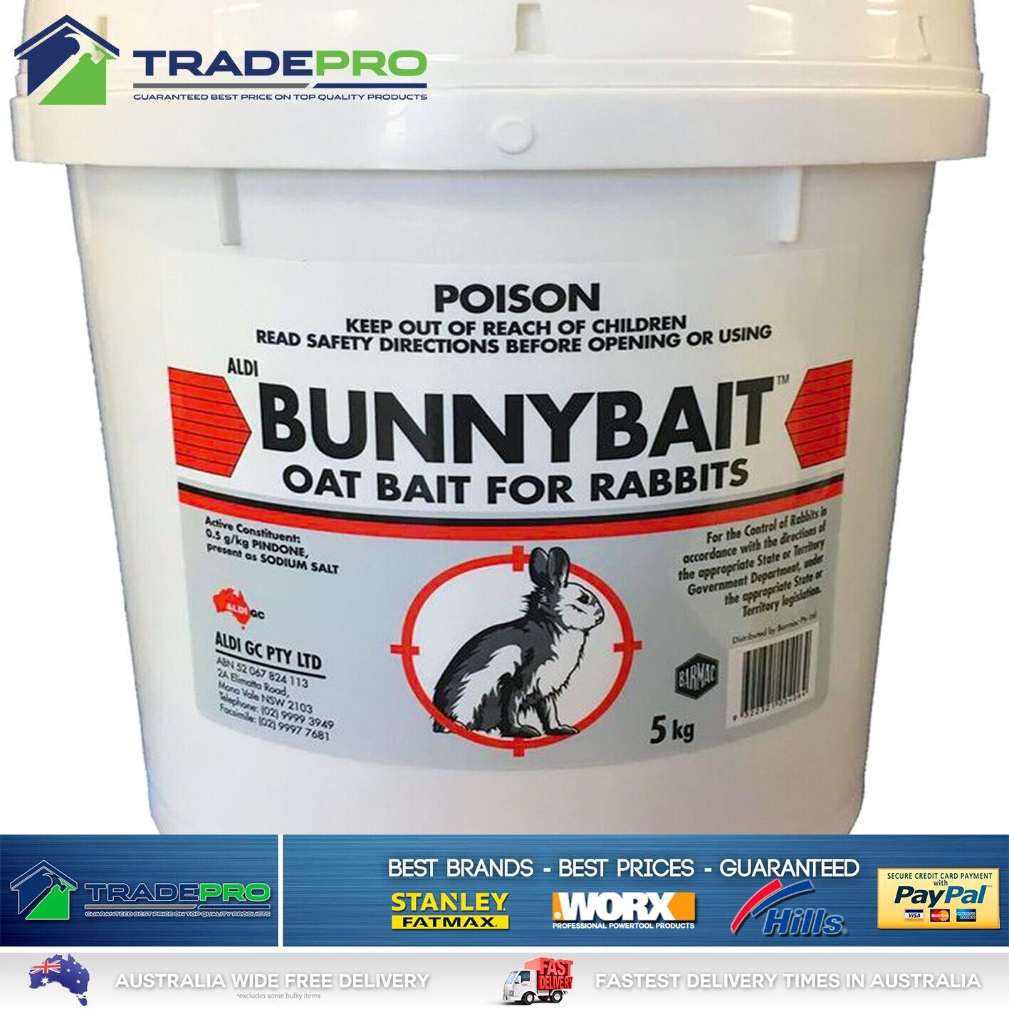 Rabbit Pindone Poison 5kg Bunny Bait Oat Poison Kills Control 5kg Rabbits