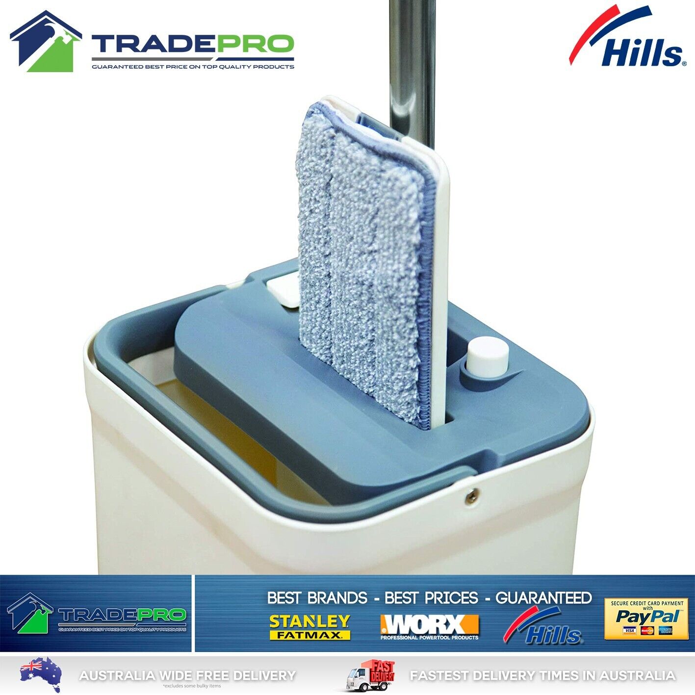 Hills Mop & Bucket Set Genuine Microfibre Squeeze Flat Floor Cleaner Tiles Vinyl