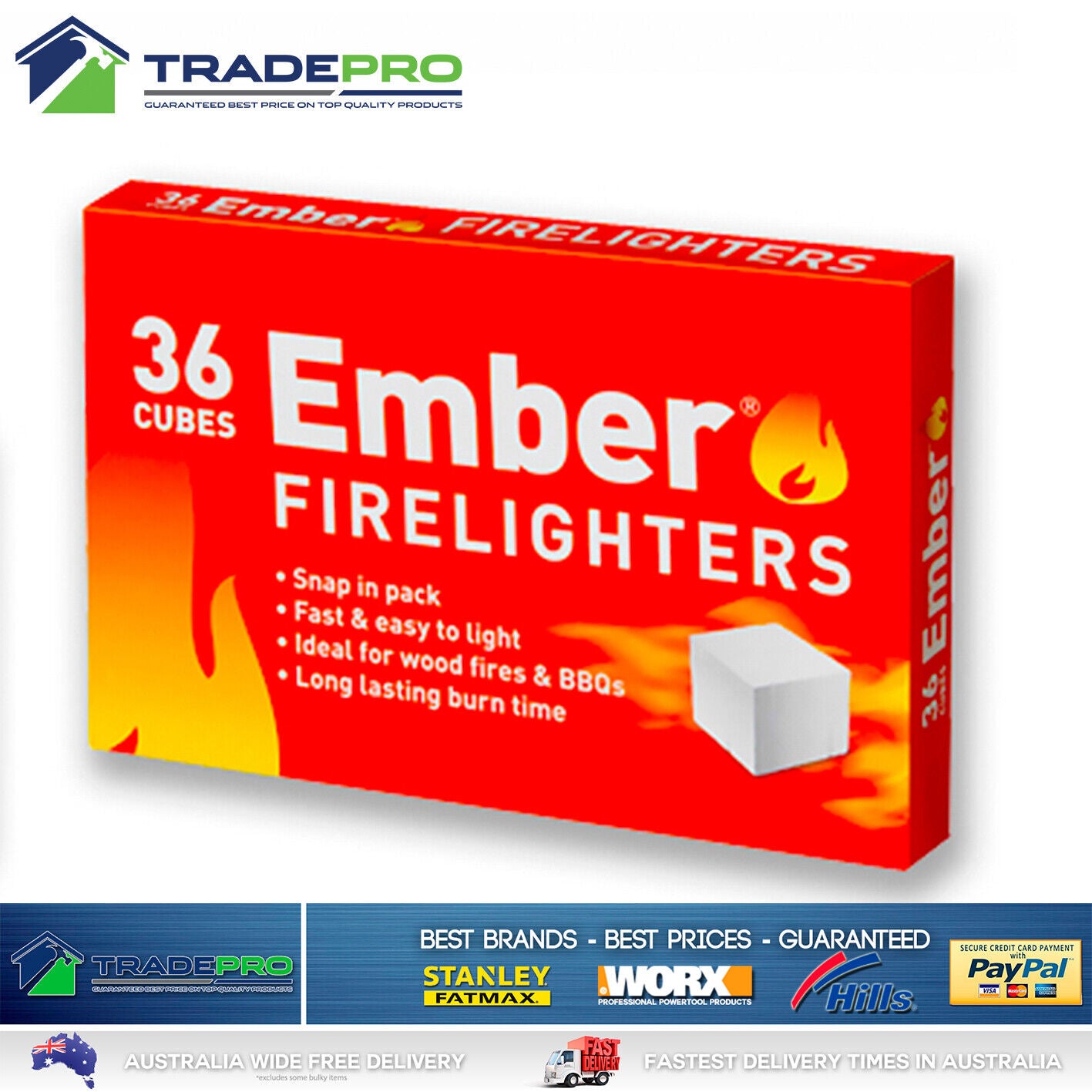 Ember Firelighters Starter Jiffy 36 Pc Low Odour Wood Fire Kindling BBQ Lighter