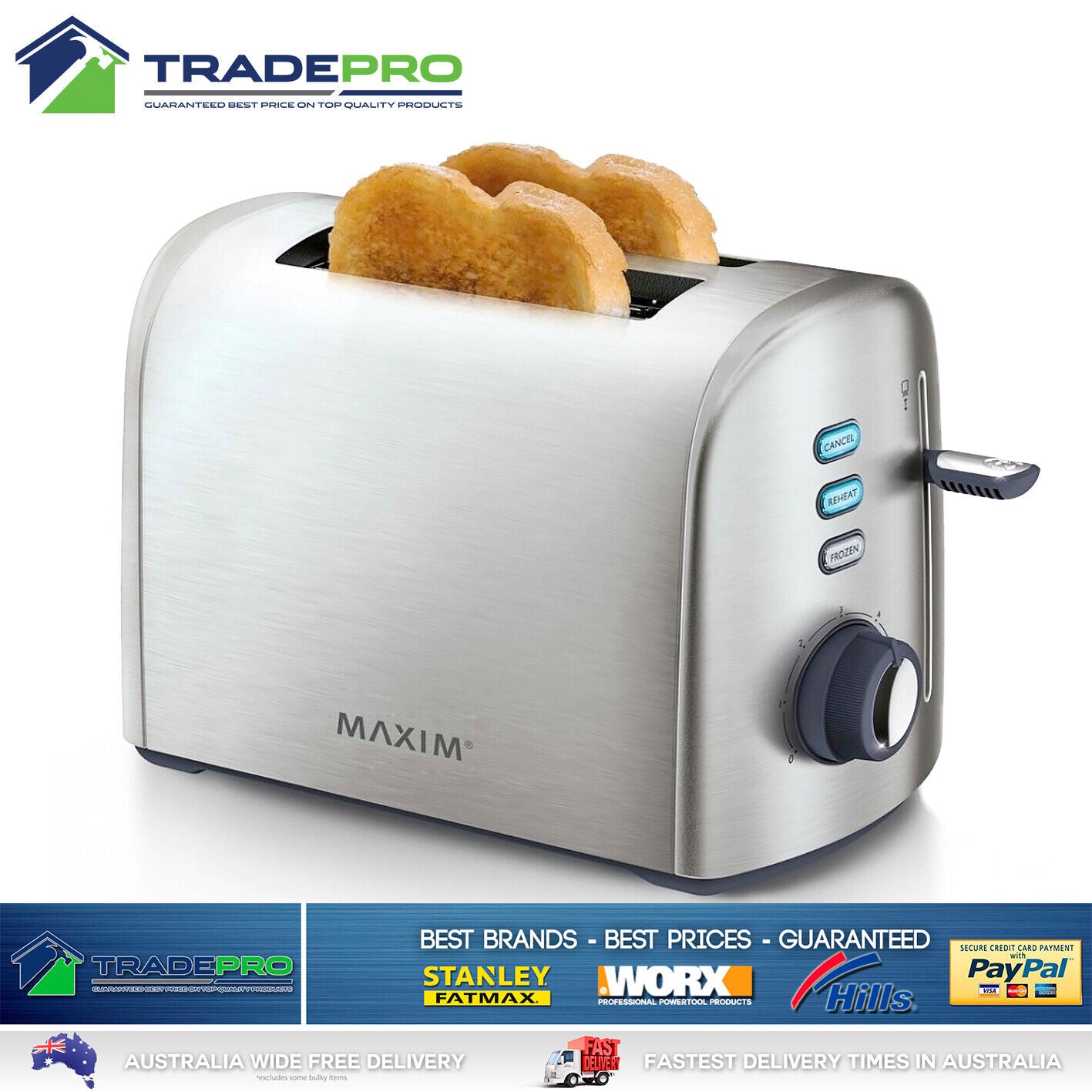 Electric Maxim 2 Slice PRO Toaster Kitchen Stainless Steel 7 Setting High Lift