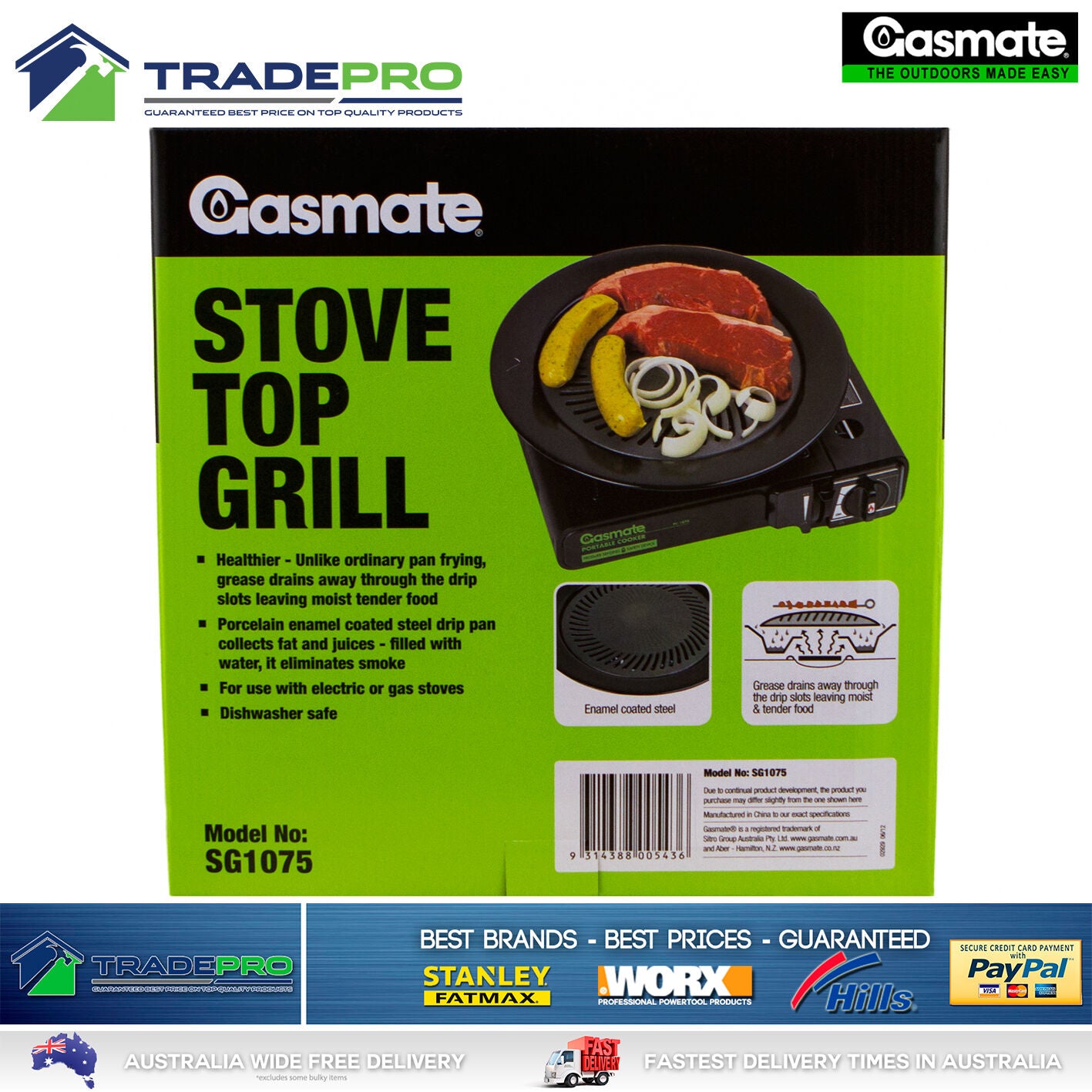 Butane Stove Gasmate® Gas Grill Top Griddle Pan BBQ Porcelain Plate No Stick Fat