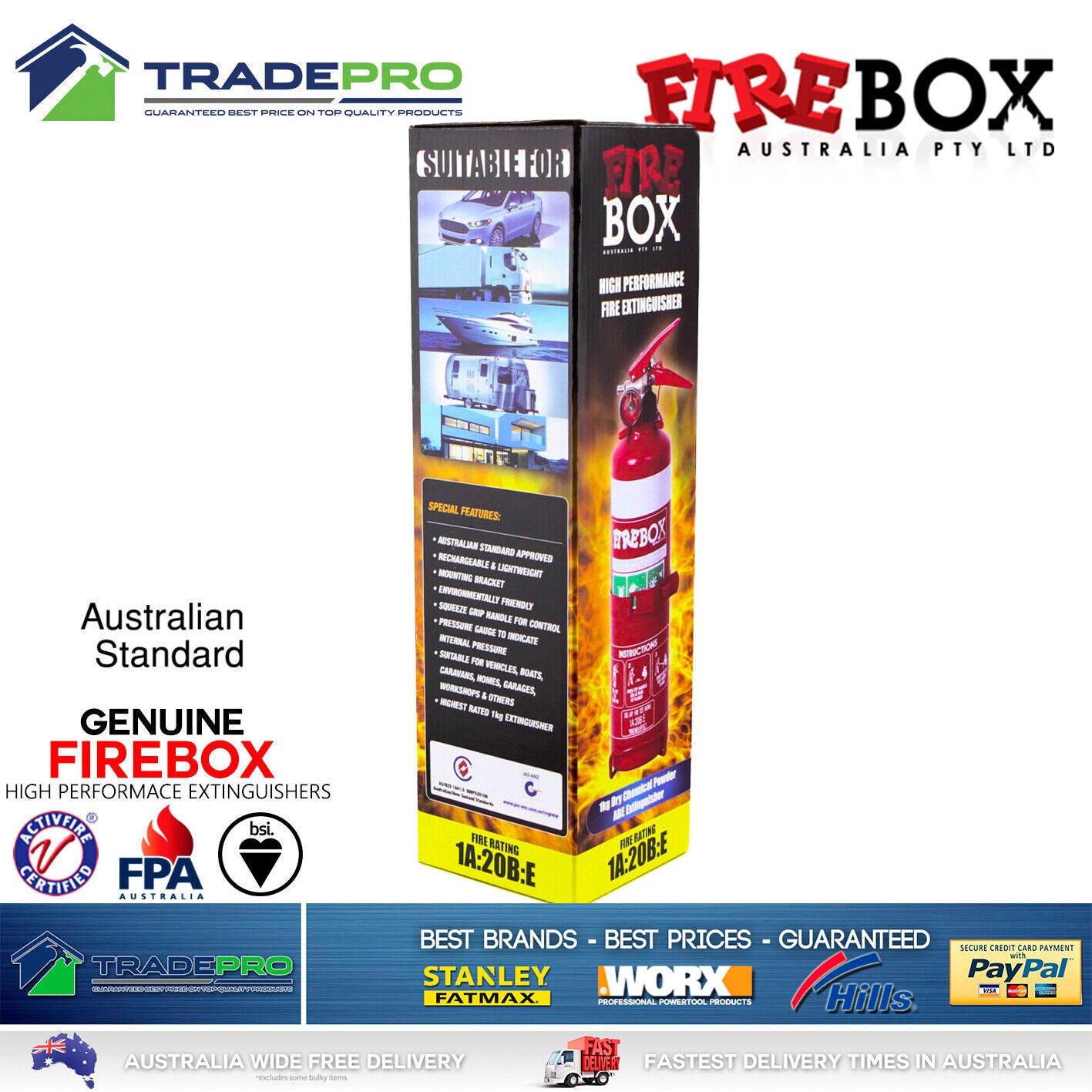 Fire Extinguisher 1kg ABE Dry Powder 1kg & Bracket Car Boat Home Aust Approved