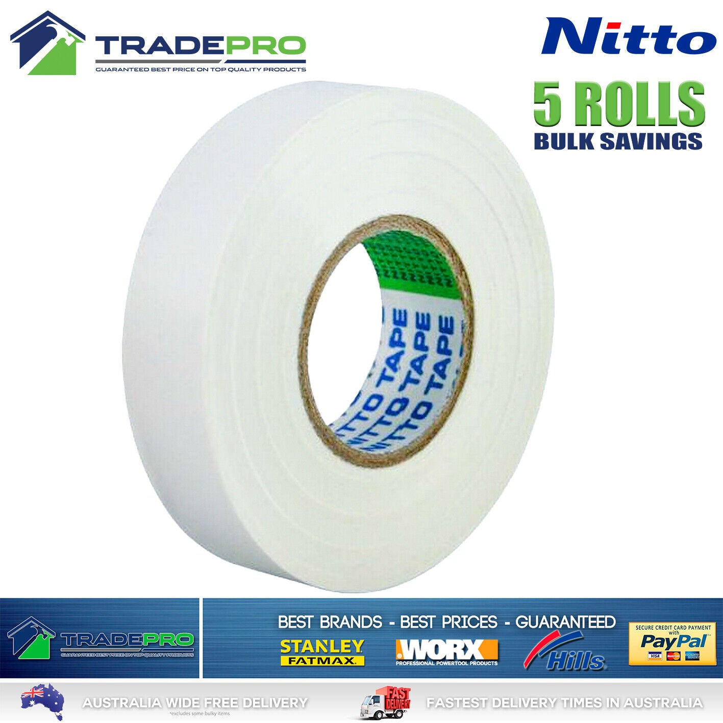 5x Rolls Nitto® Electrical Tape White 18mm x 20m Insulation Denko Electric Bulk