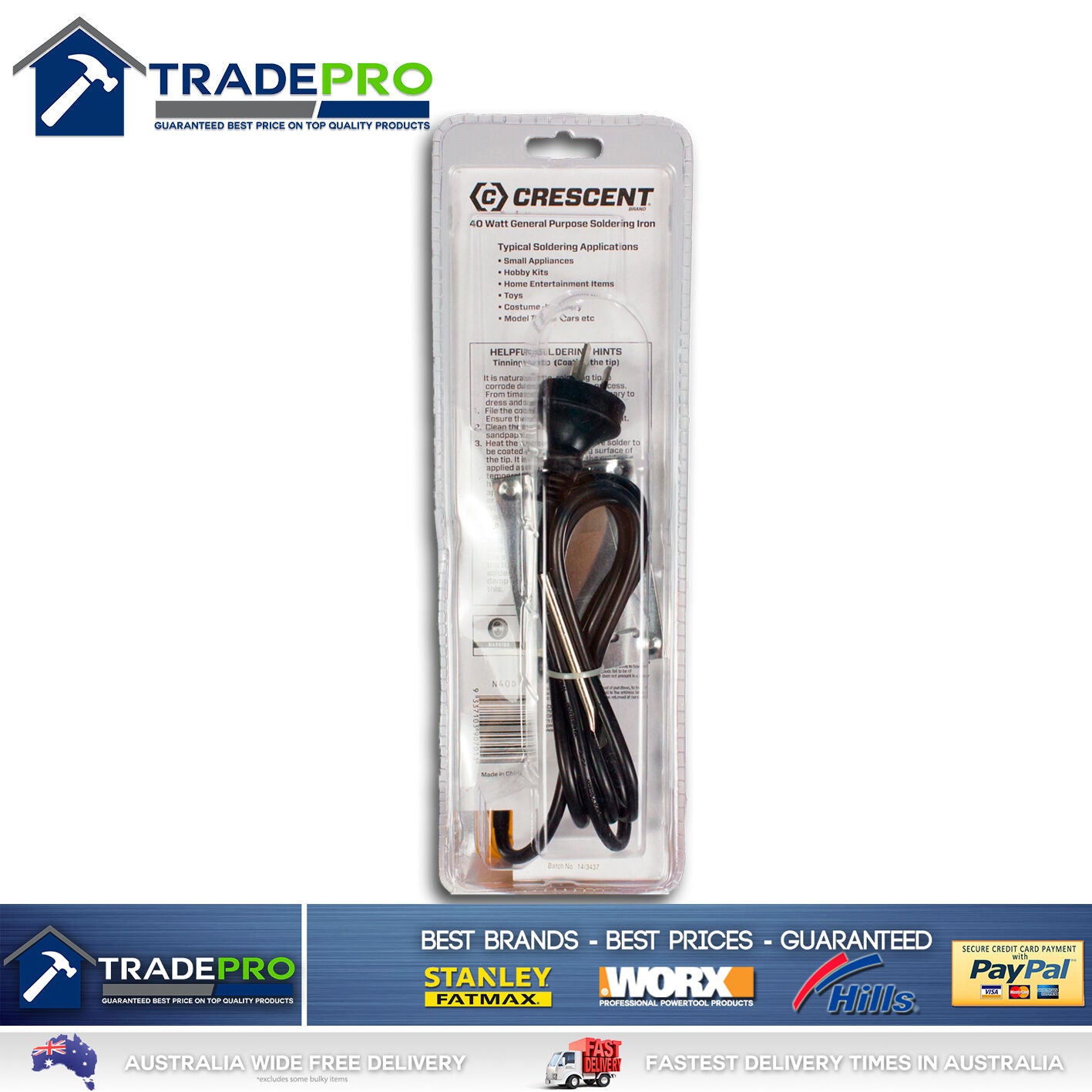 Soldering Iron 40Watt With Stand & Tips Solder Hobby Genuine Cresent Brand 40W