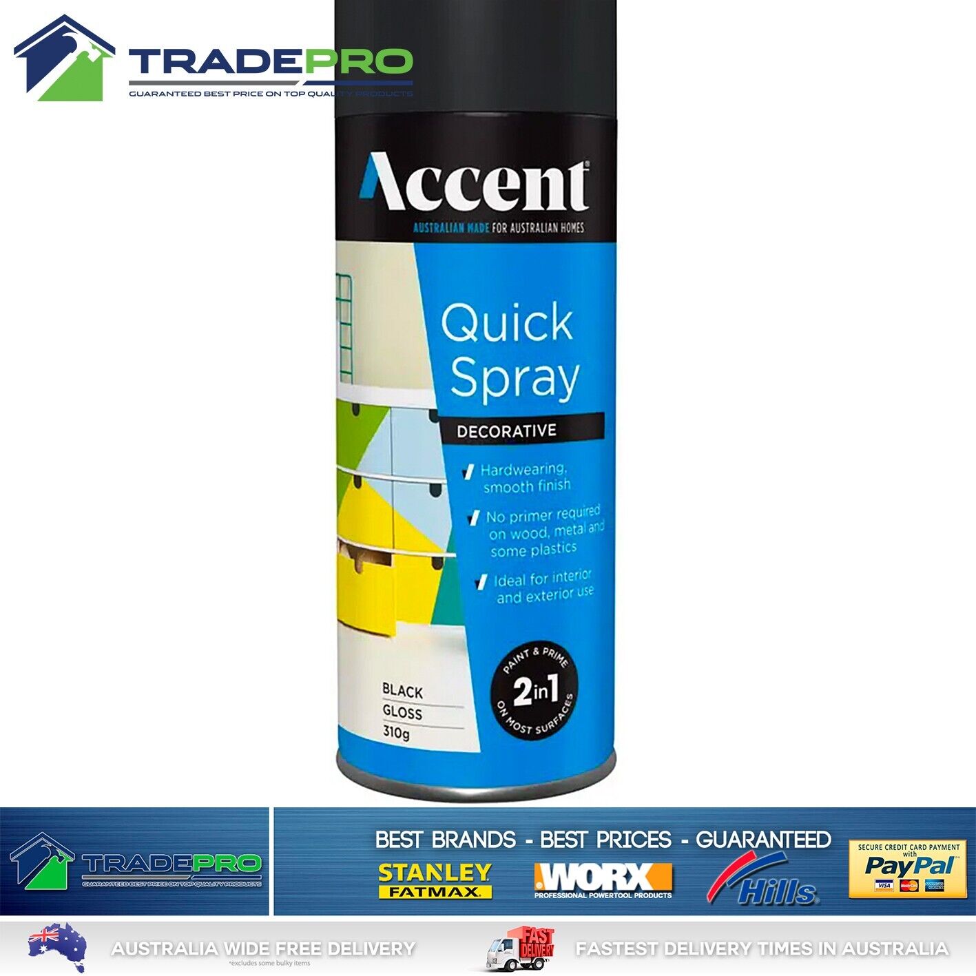 Spray Paint Can 310g Gloss Black 2in1 PRO Enamel Wood Metal Plastic Int&Ext