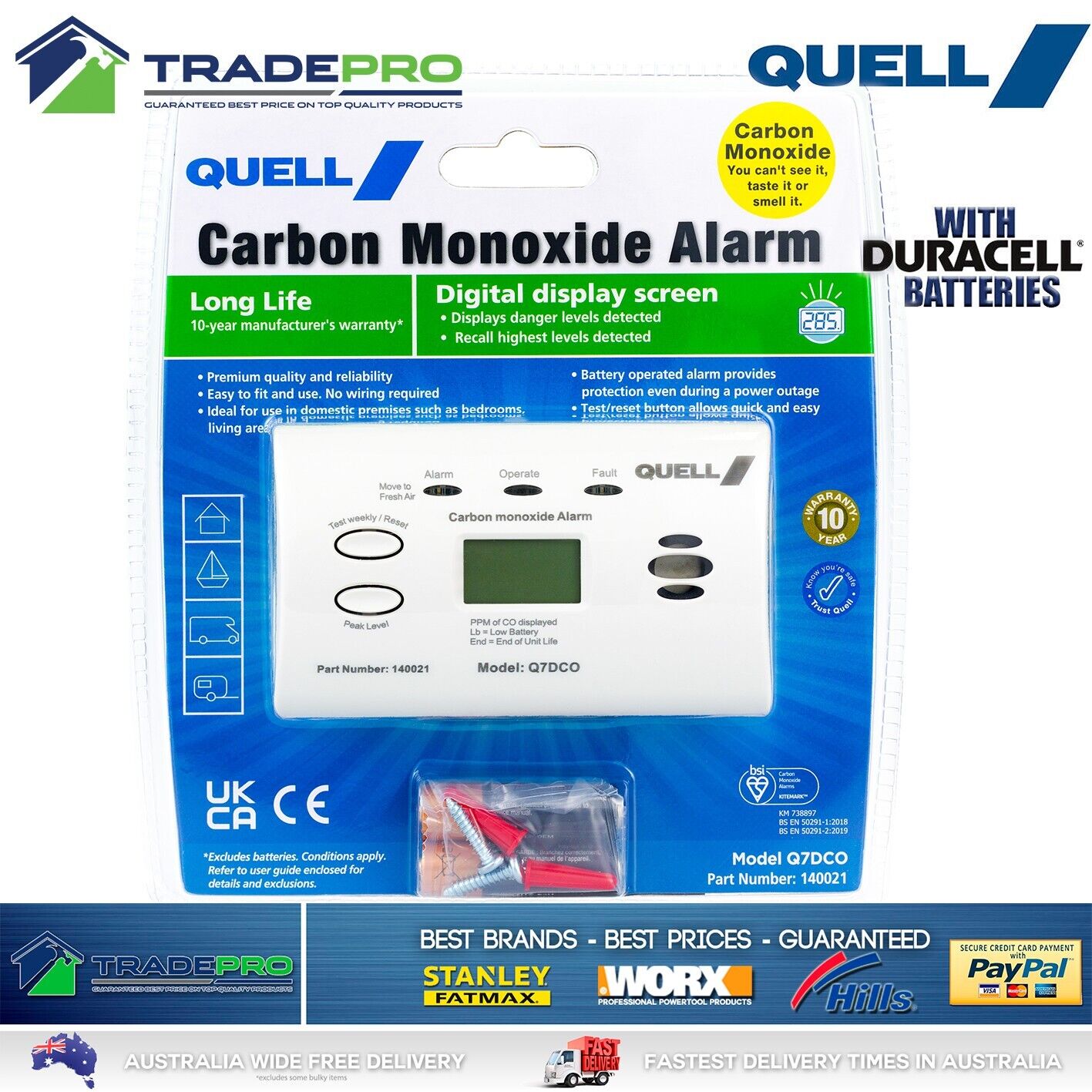 Smoke Alarm Quell PRO Carbon Monoxide Digital Long Life Detector with Batteries