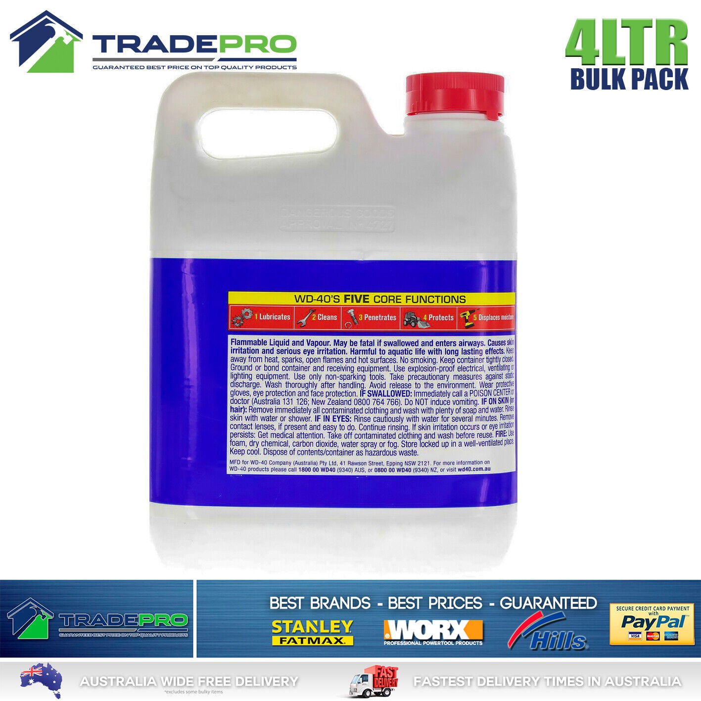 WD40 Multipurpose Lubricant 4Ltr Bulk WD40 Degreaser Stop Squeaks Rust 4L WD-40