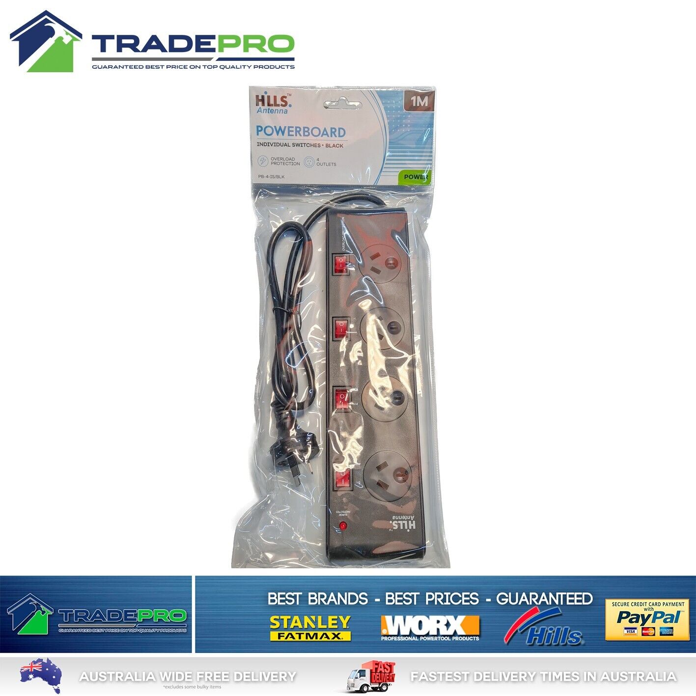 Power Board Surge Filter Protector 4Way Switched Outlet Black Powerboard