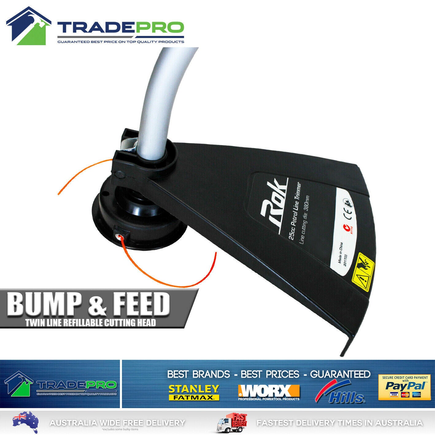 Trimmer Grass Rok® Quality Petrol Whipper Snipper Edger 25cc Hi-Torque Ezy-Start