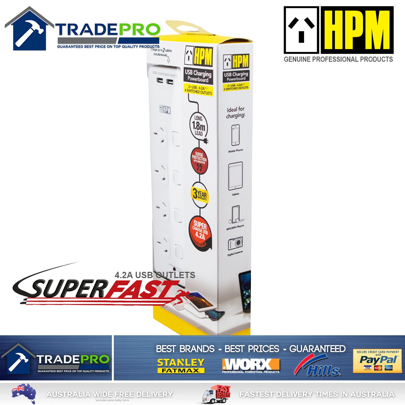 Power Board Surge Protector HPM® Smart Fast USBs & 4 Outlet Individual Switched