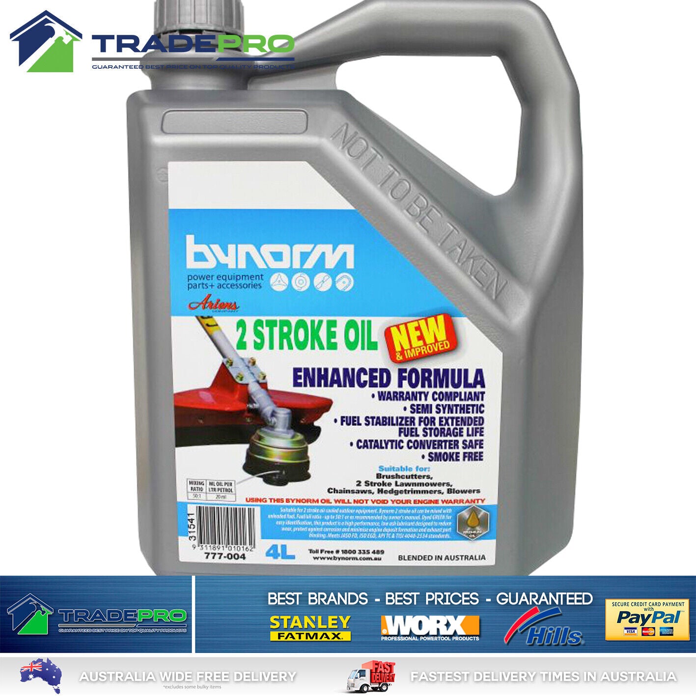 Lawnmower Oil 4Ltr 2 Stroke Bynorm Chainsaw Grass Trimmer Brush Cutter Mower