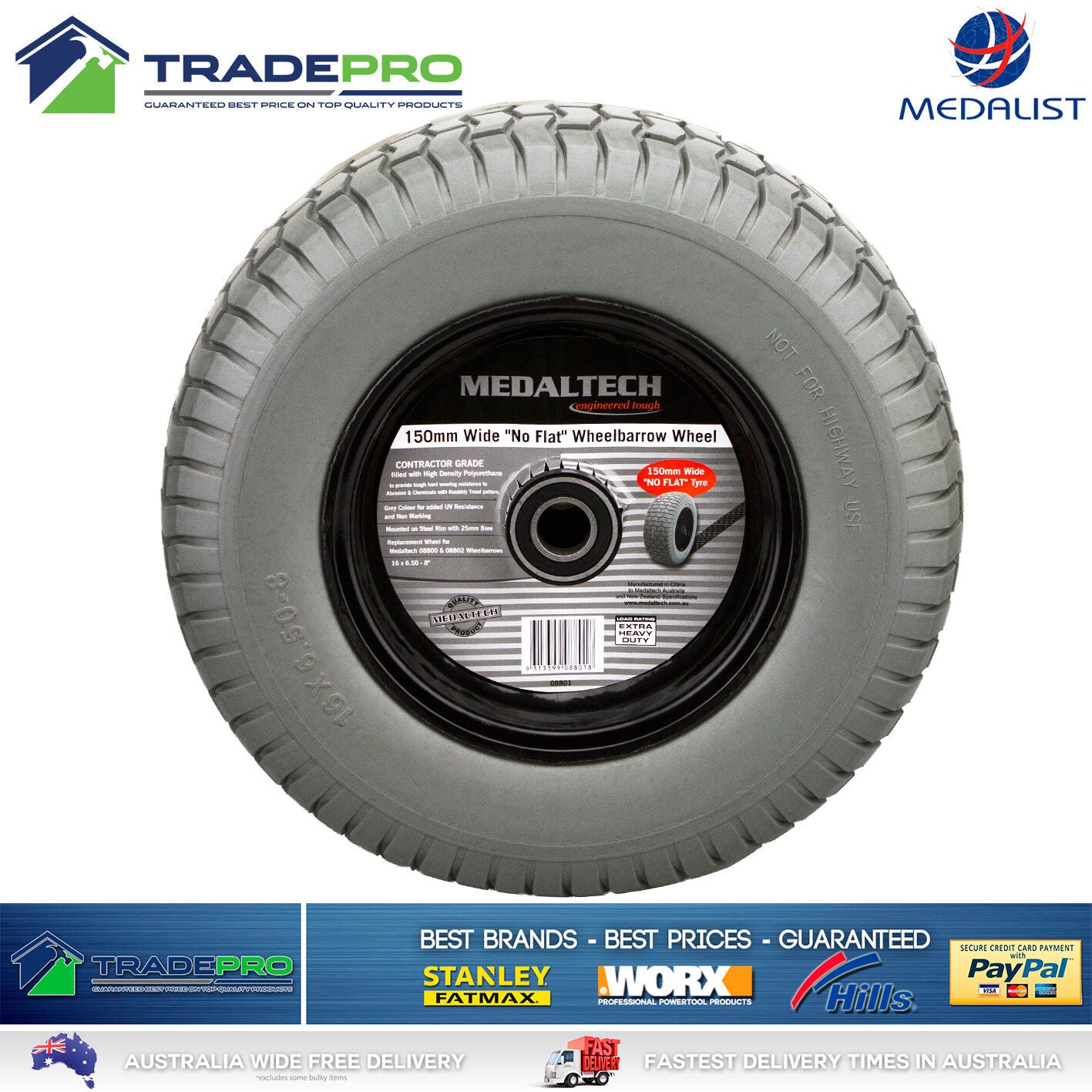Wheelbarrow Wheel 16" x6" 150mm Wide PunctureProof Barrow Trailer Tyre 25mm Bore
