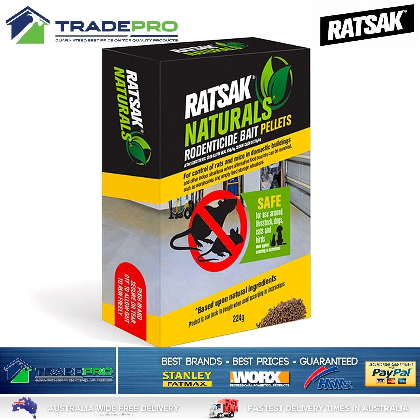 Ratsak Naturals 224g Rat Mouse Killer Mice Rodent Bait Pellets Pet Safe Poison