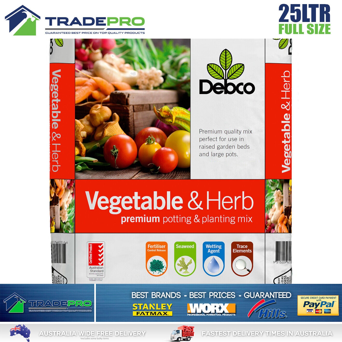 Debco 25L Vegetable & Herb Potting Mix Fertiliser Tub Garden Premium Soil PRO