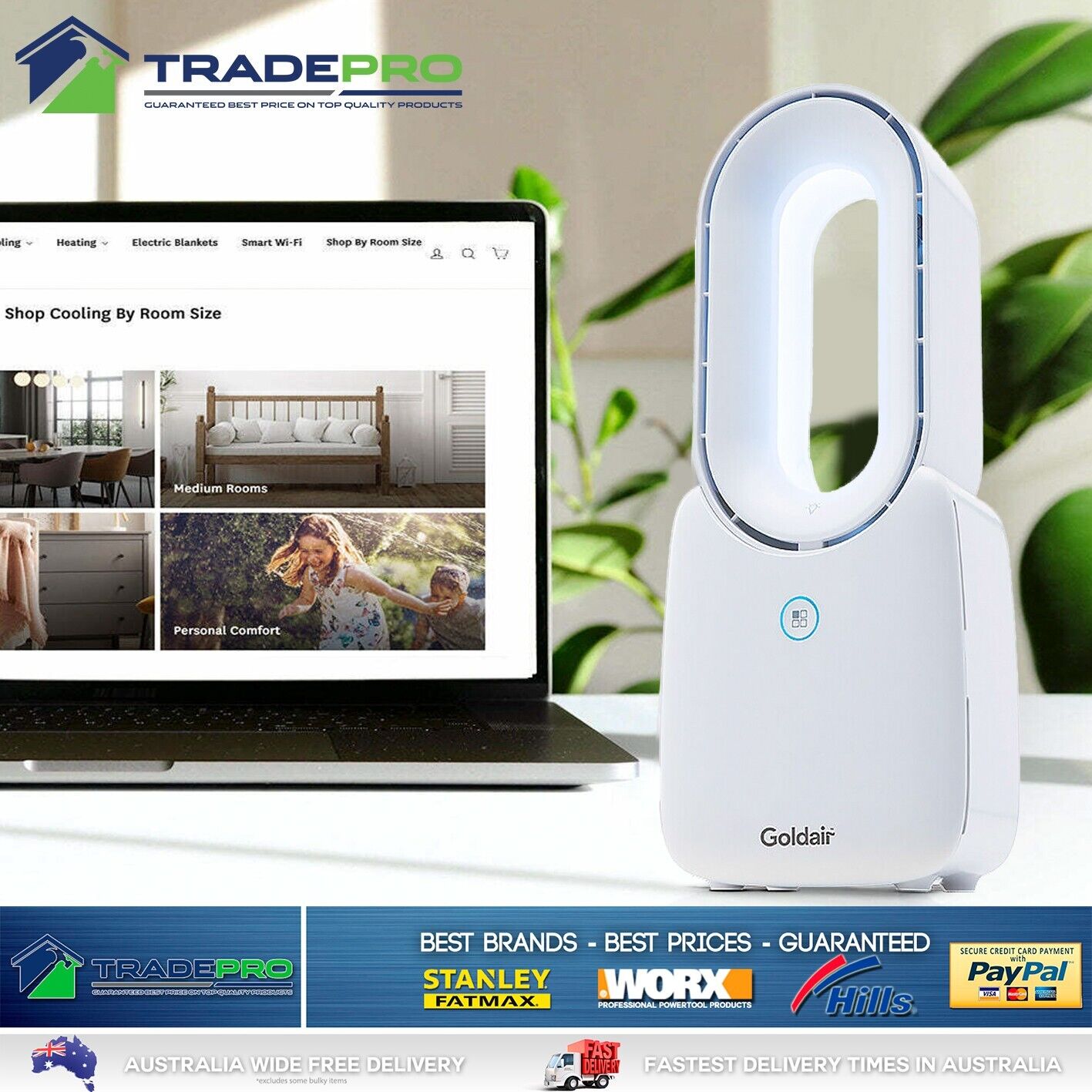 Goldair Tower Desk Fan 3 Speed Bladeless LED Colour Change Rechargeable White