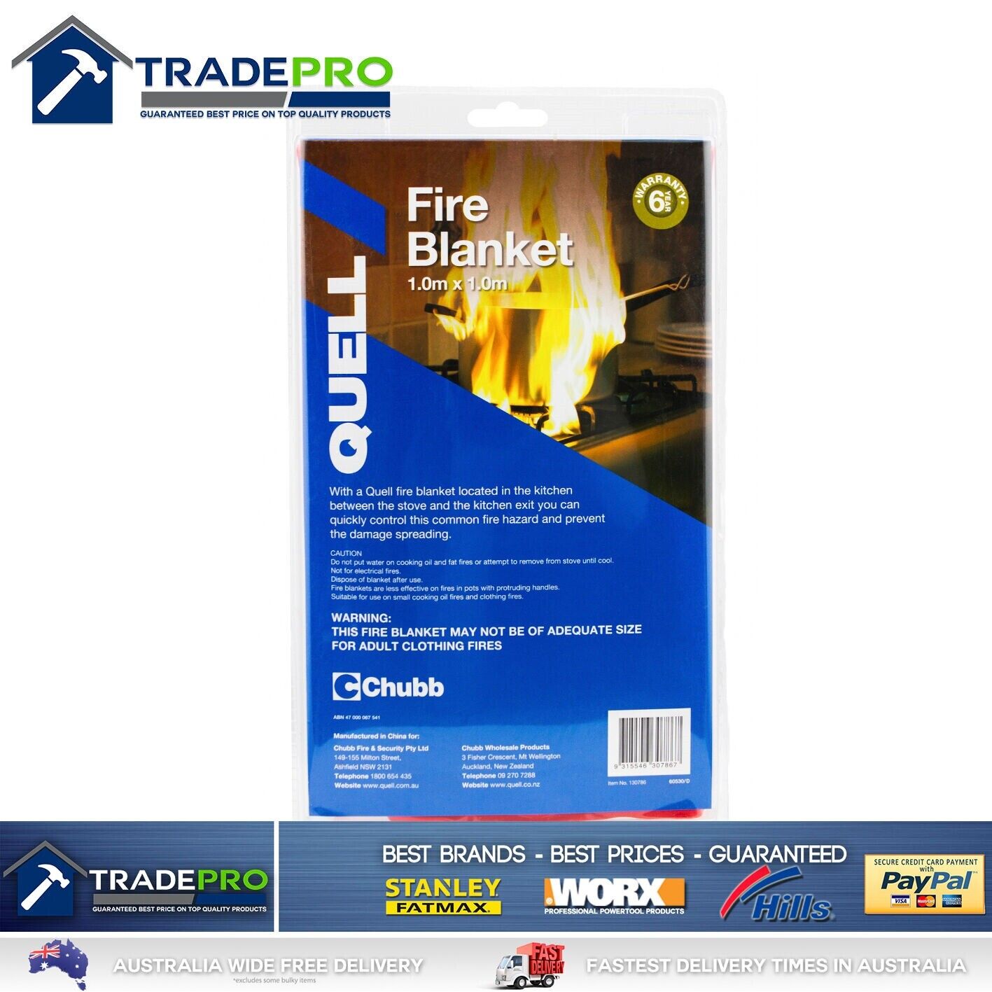 Fire Blanket Quell Chubb Premium Large 1Mtr Safety Kitchen Fire Extinguiser Rug