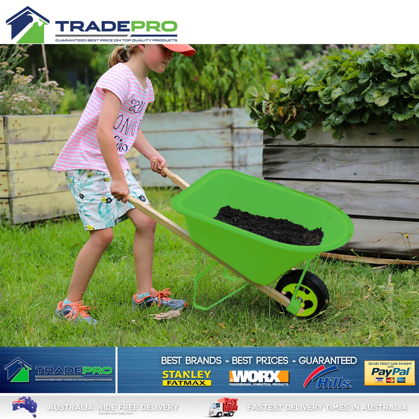 Kids Wheelbarrow Quality Timber Handles and Poly Tray Wheel Barrow Garden Cart