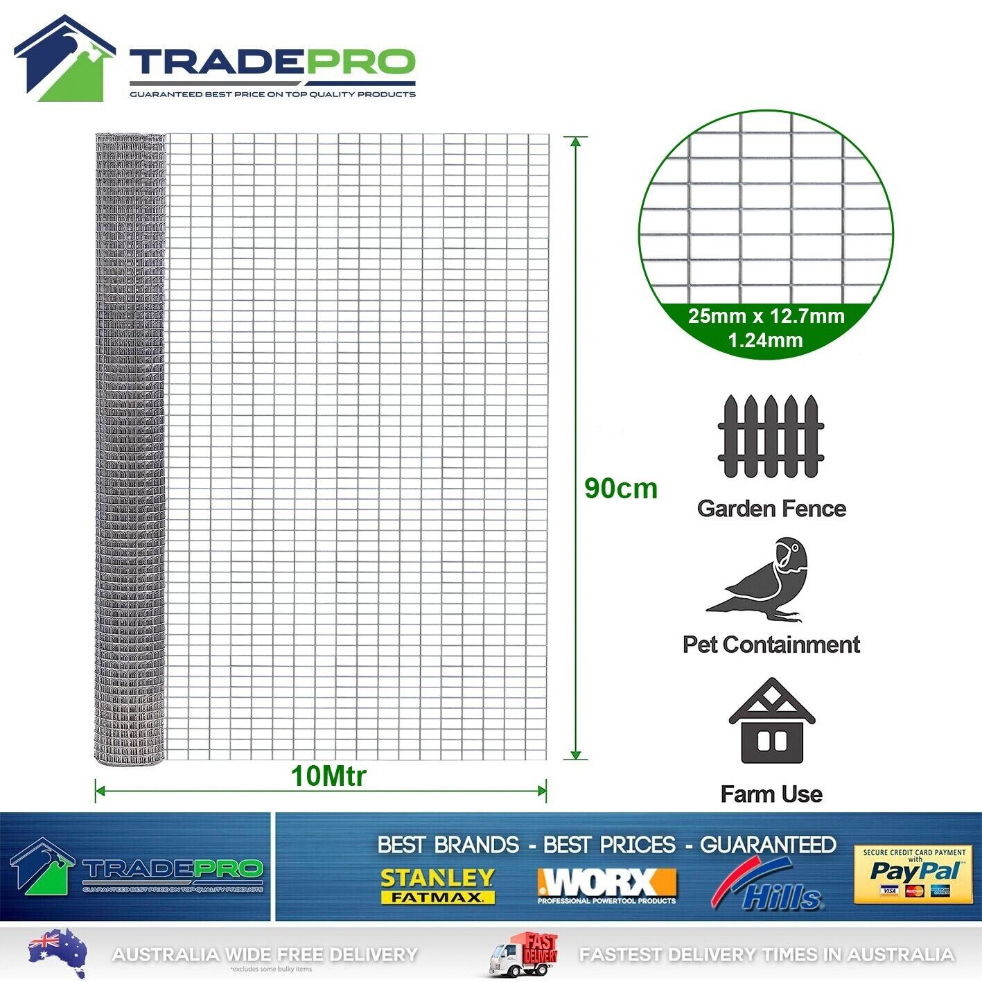 Wire Mesh Fence Welded Galvanized Bird Aviary Vermin Snake 10m x 900mm 25mmx12.7