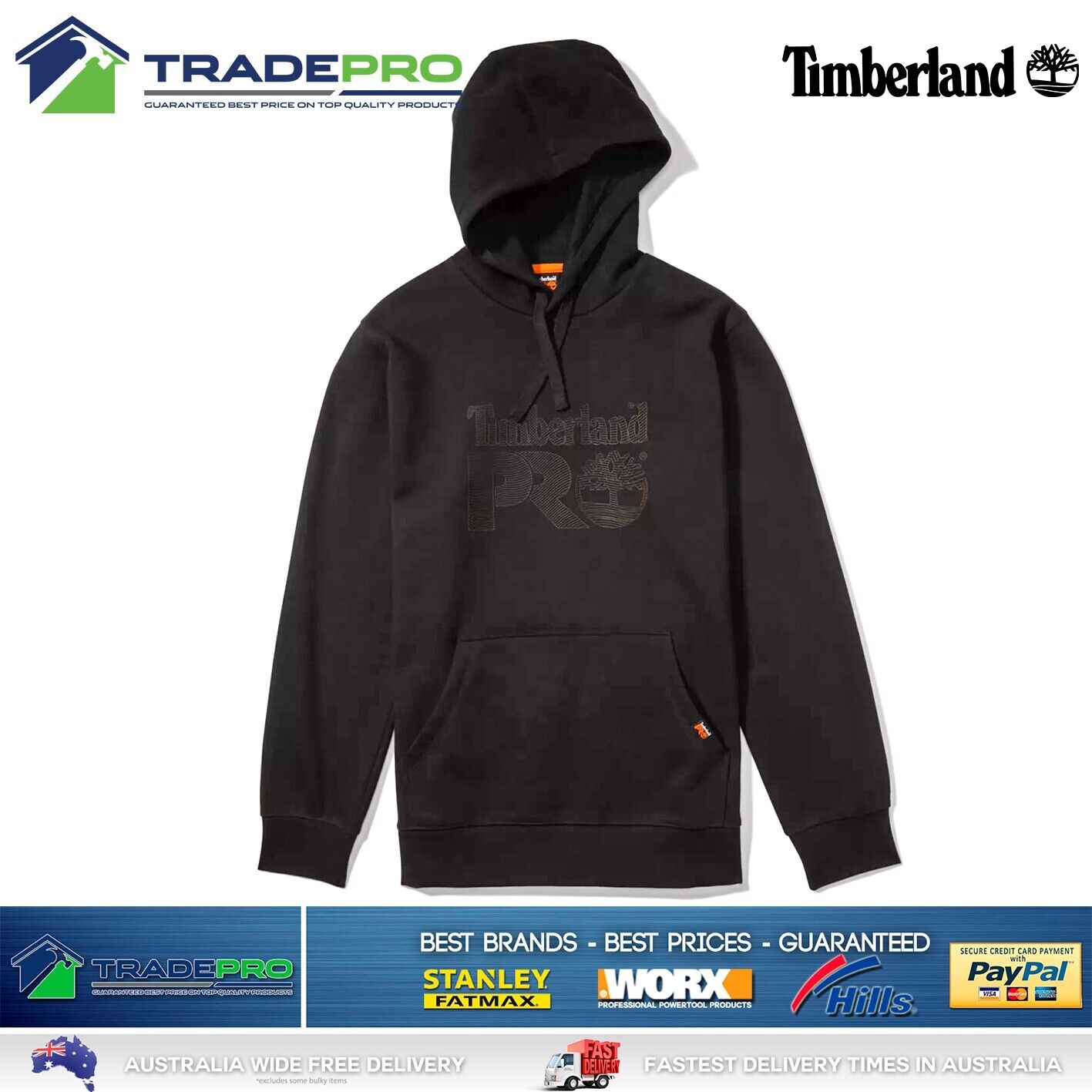 Timberland® Hoodie Jumper Tradies XL PRO Workwear Active Work Black Fleece PRO