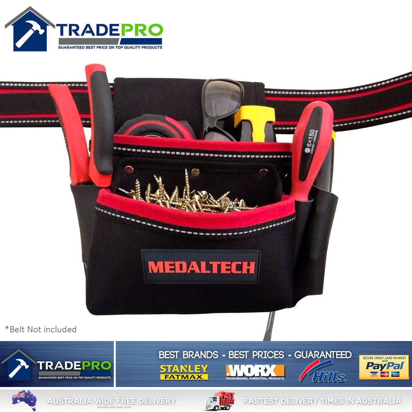 Nail Bag 2 Pocket Medaltech® Large Fixing Pouch 3 Tool Slot Riggers Apron Screws