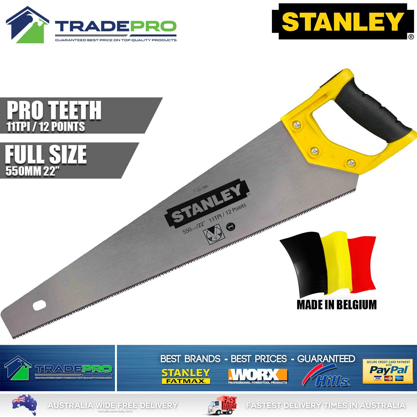 Stanley Hand Saw PRO 550mm 22" Handsaw 11TPI Wood Timber SuperCut Made Belgium