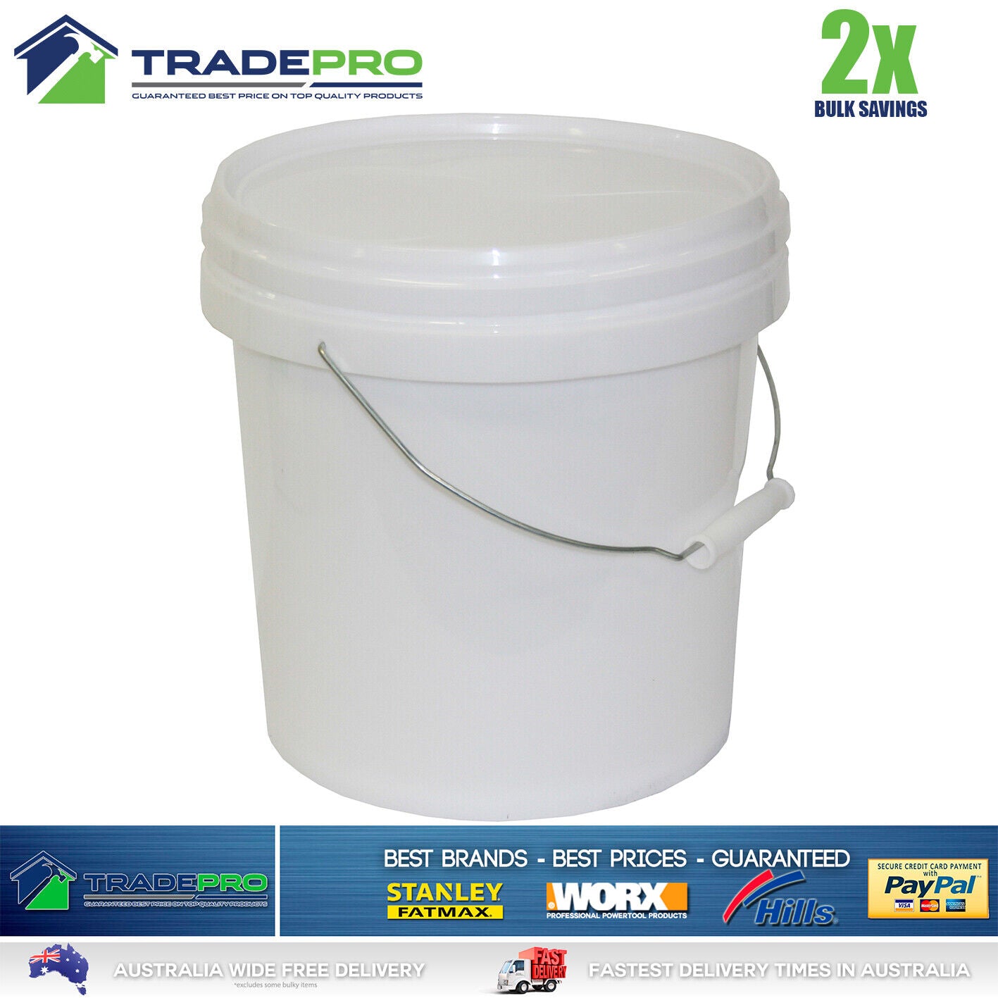 2x Quality Bucket with Lid & Handle 10Ltr H/Duty Premium Plastic Food Grade 10L