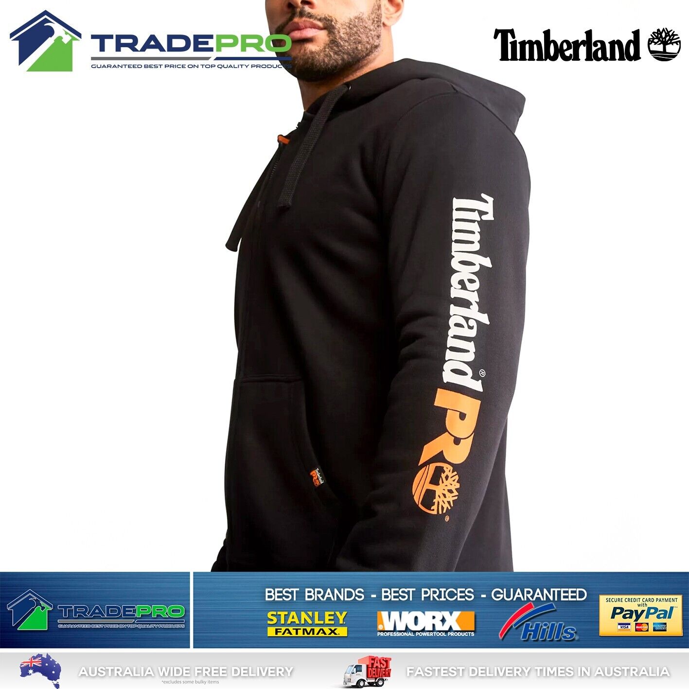 Timberland® Hoodie Jumper Tradies XL PRO Workwear Active Work Black Fleece PRO