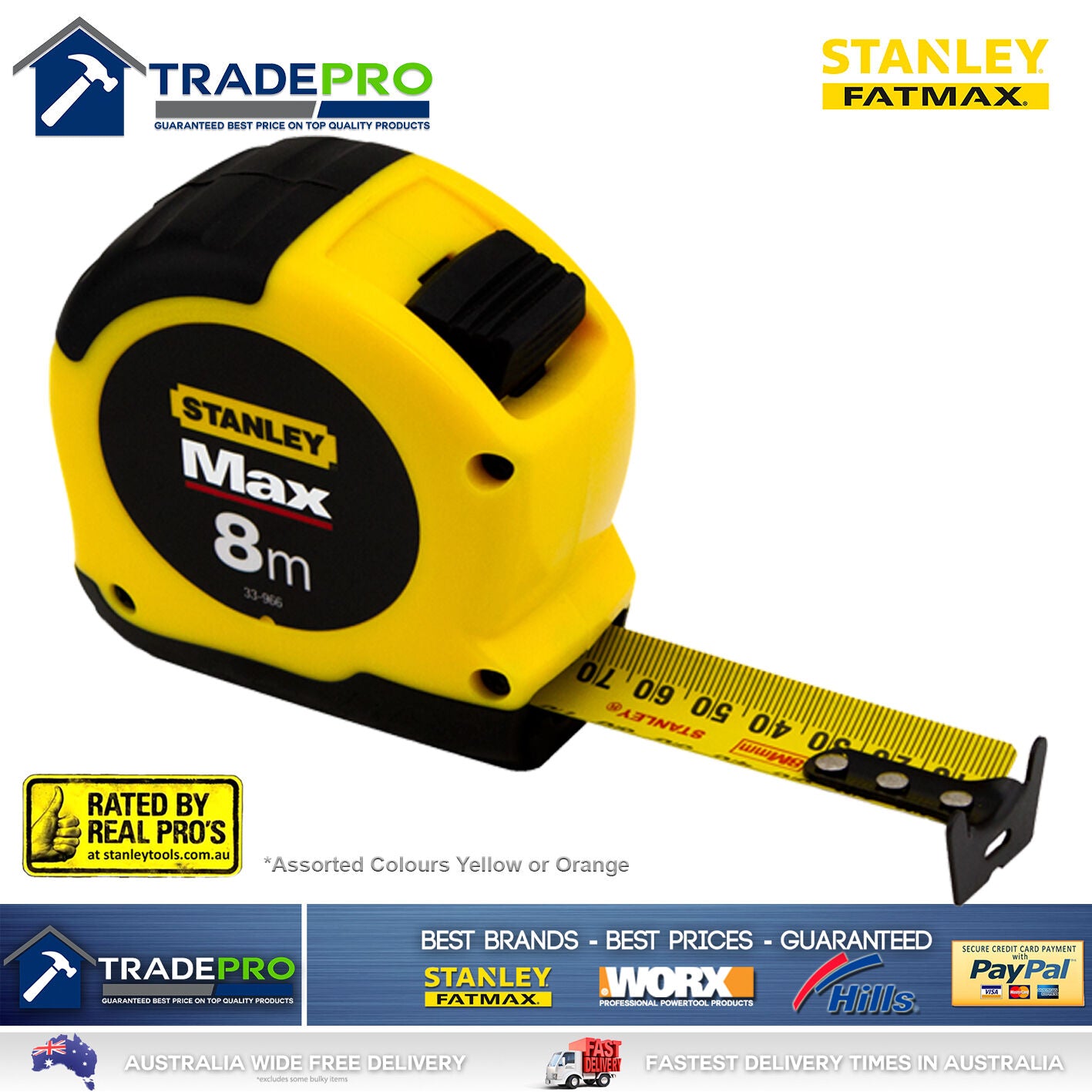 Stanley Tape Measure 8m Metric Fatmax Quality 8Mtr Metre Assorted Yellow Orange