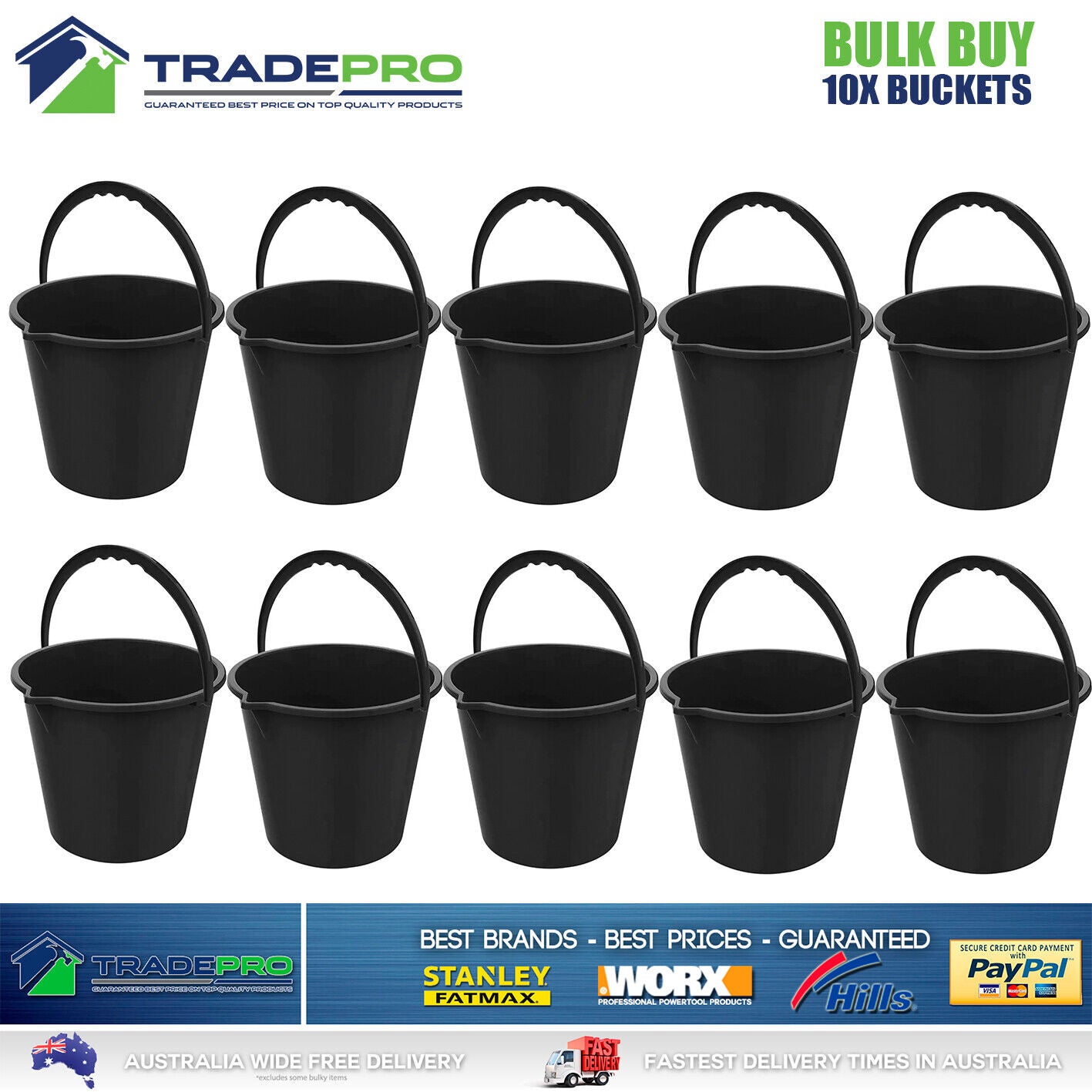 10x Plastic Bucket with Handle Black 10Ltr Buckets Pail Camping Cleaning Bulk