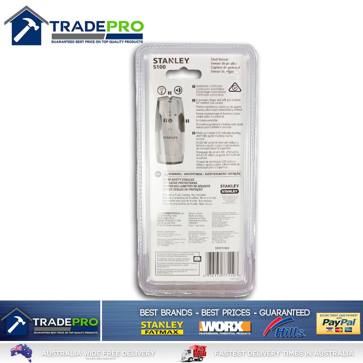 Stanley Stud Detector Sensor Finder S100 NEW MODEL AC Detection Metal &Wood Scan