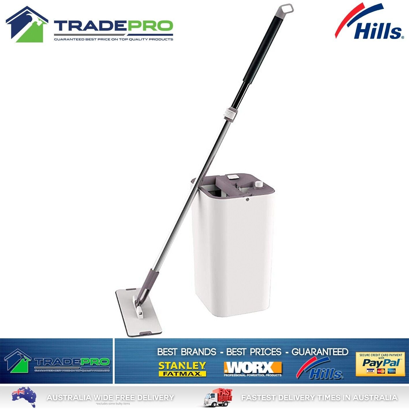 Hills Mop & Bucket Set Genuine Microfibre Squeeze Flat Floor Cleaner Tiles Vinyl