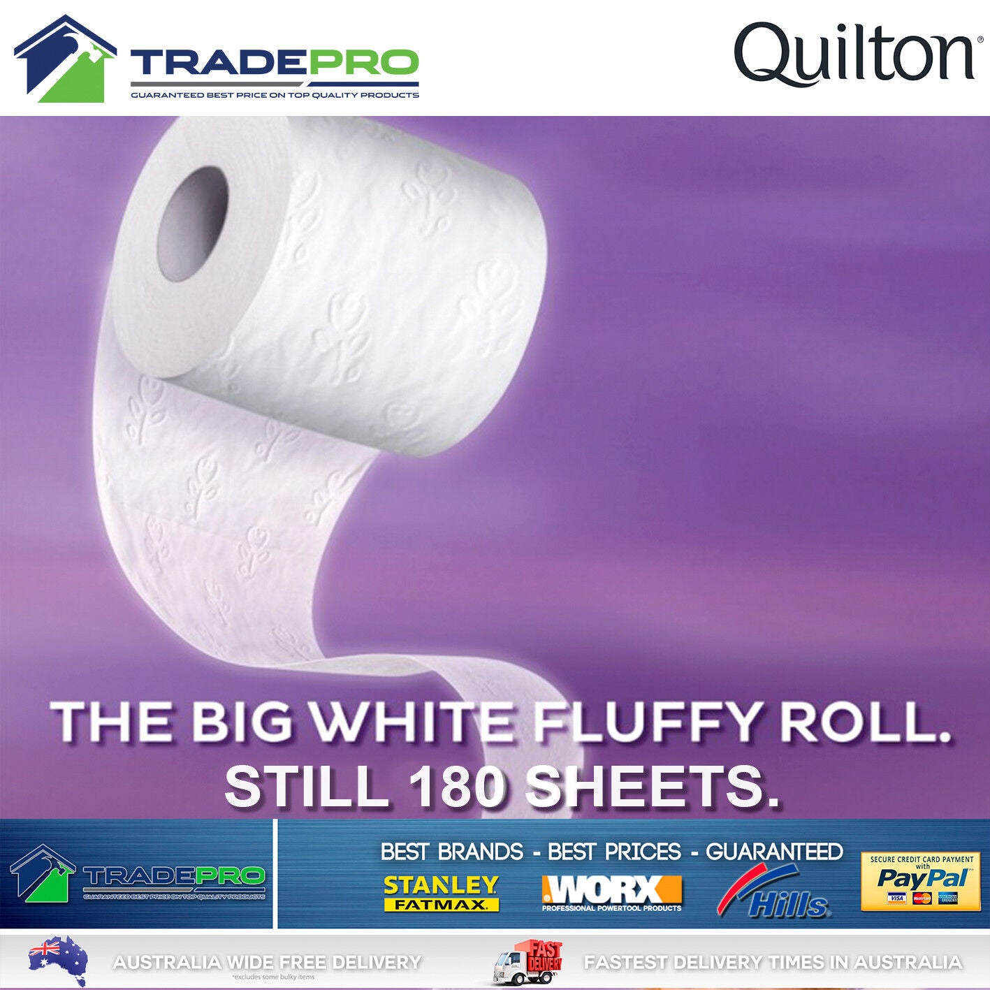 Toilet Paper 18 Rolls Deluxe Quilton 3 Ply White Soft PRO Large Roll Tissue Bulk