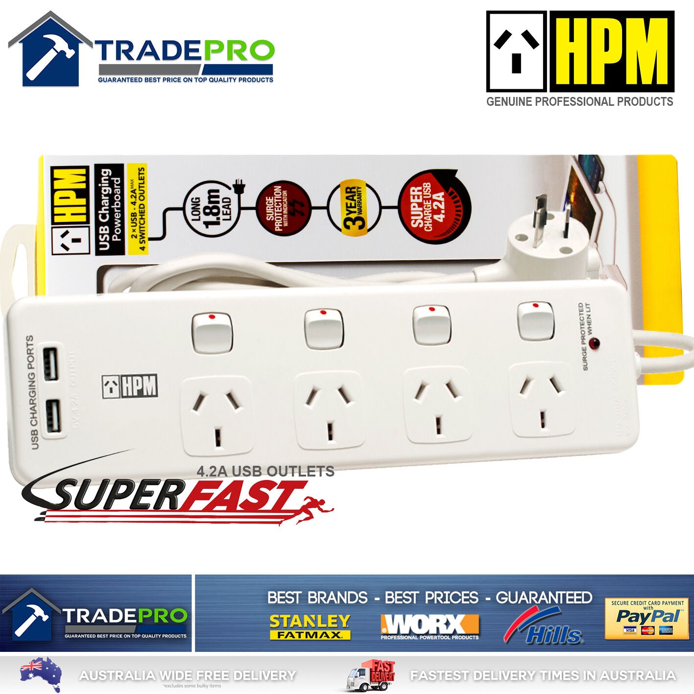Power Board Surge Protector HPM® Smart Fast USBs & 4 Outlet Individual Switched