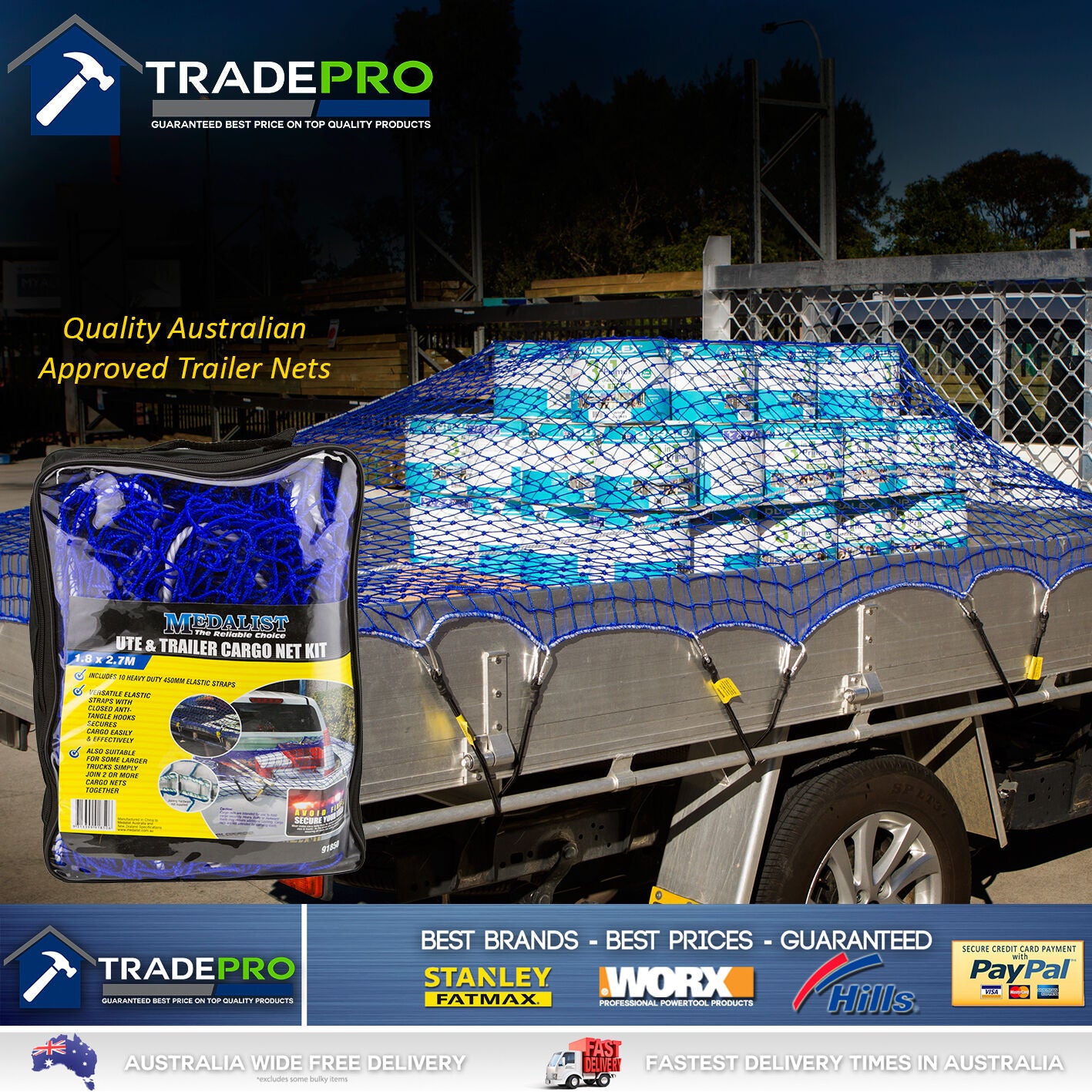 Cargo Net Ute Trailer Heavy Duty 1.8x2.7m Aust Legal with 10x H/Duty Tie Downs