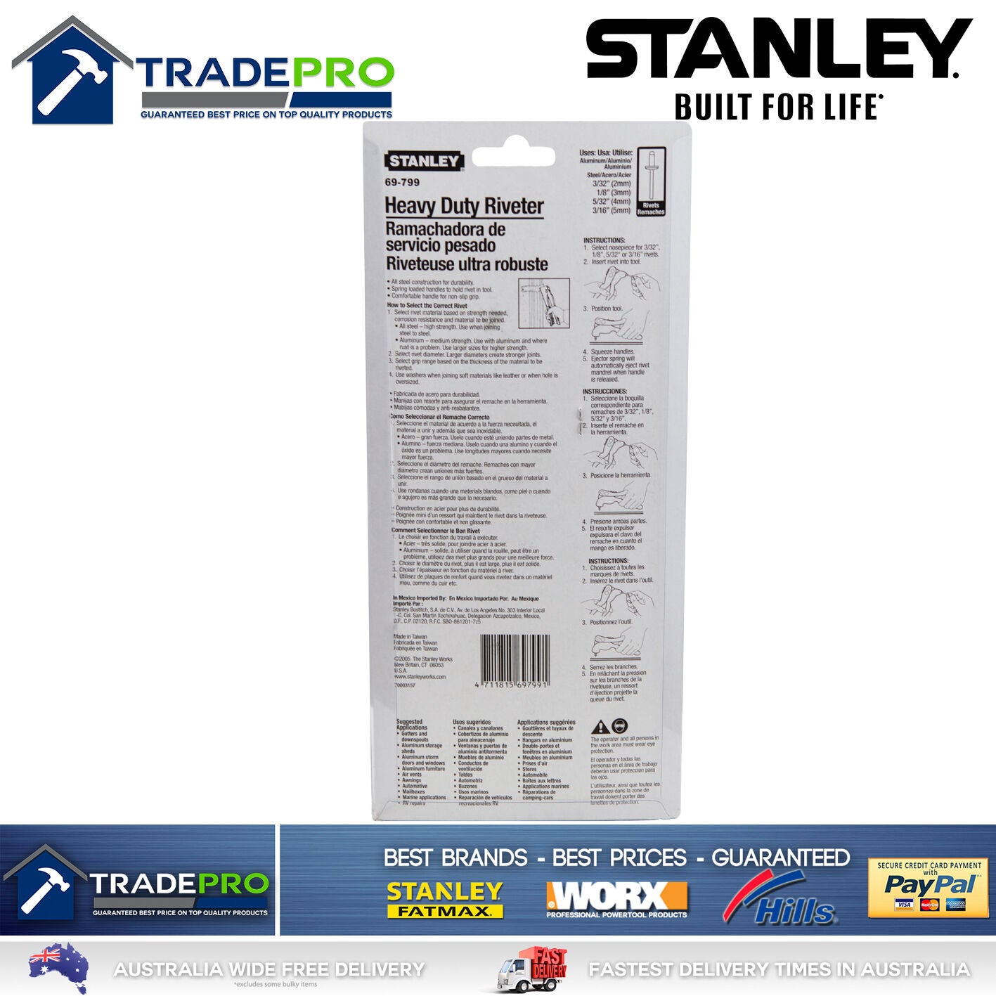 Rivet Gun Stanley Heavy Duty Genuine PRO 6PC Kit 1/8 3/32 5/32 3/16 Pop 2221430