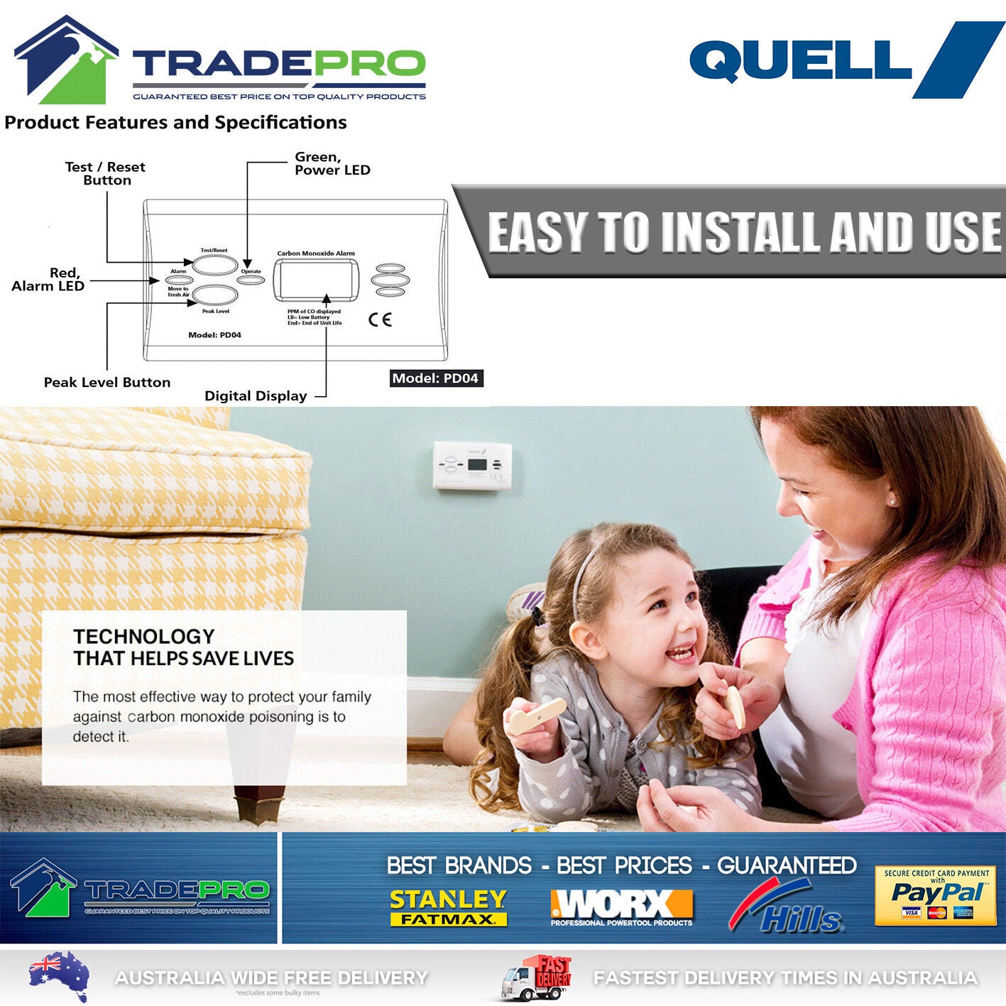 Smoke Alarm Quell PRO Carbon Monoxide Digital Long Life Detector with Batteries