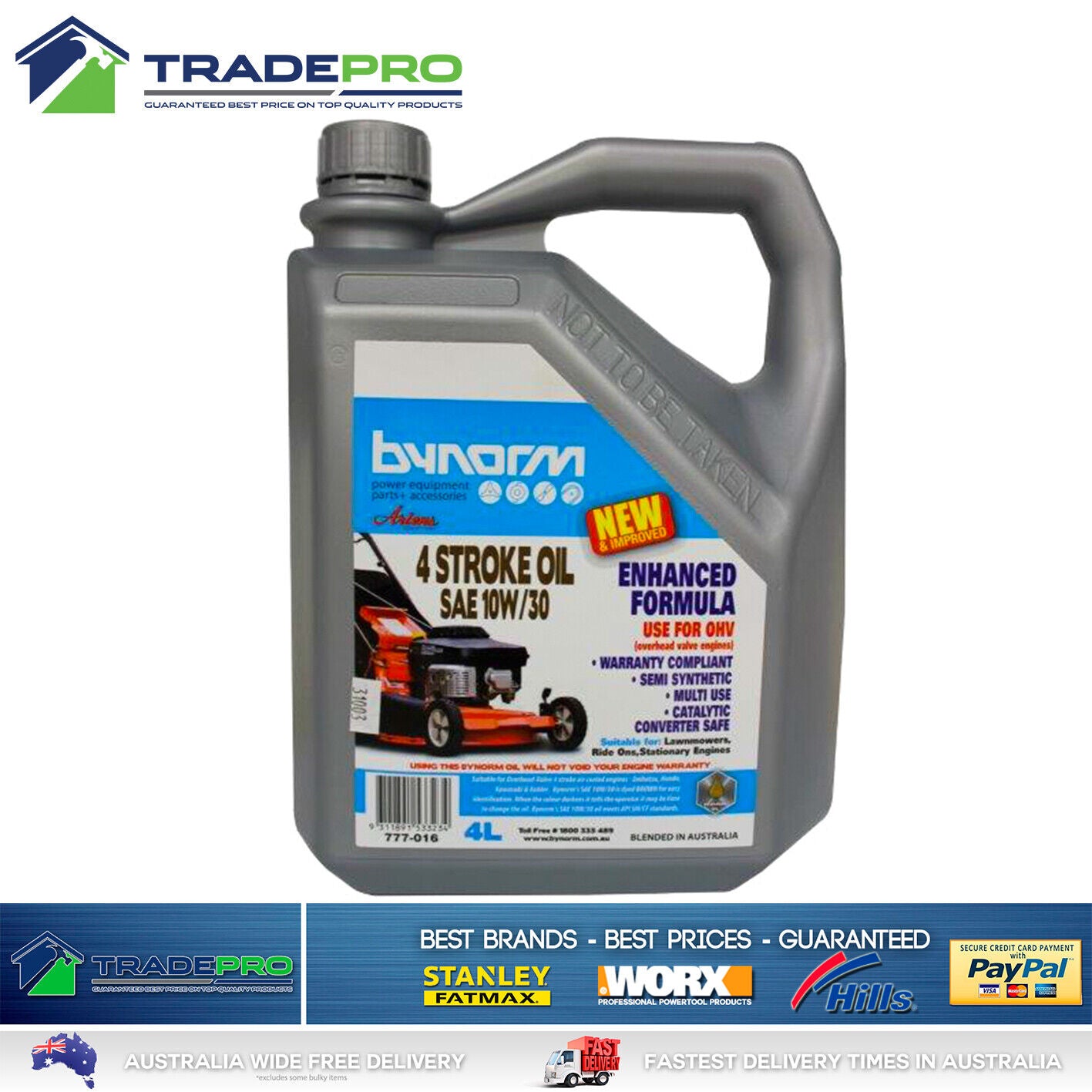 Lawnmower Oil 4Ltr SAE 10W/30 4 Stroke Bynorm Semi Synthetic Lawn Mower Fluid 4L