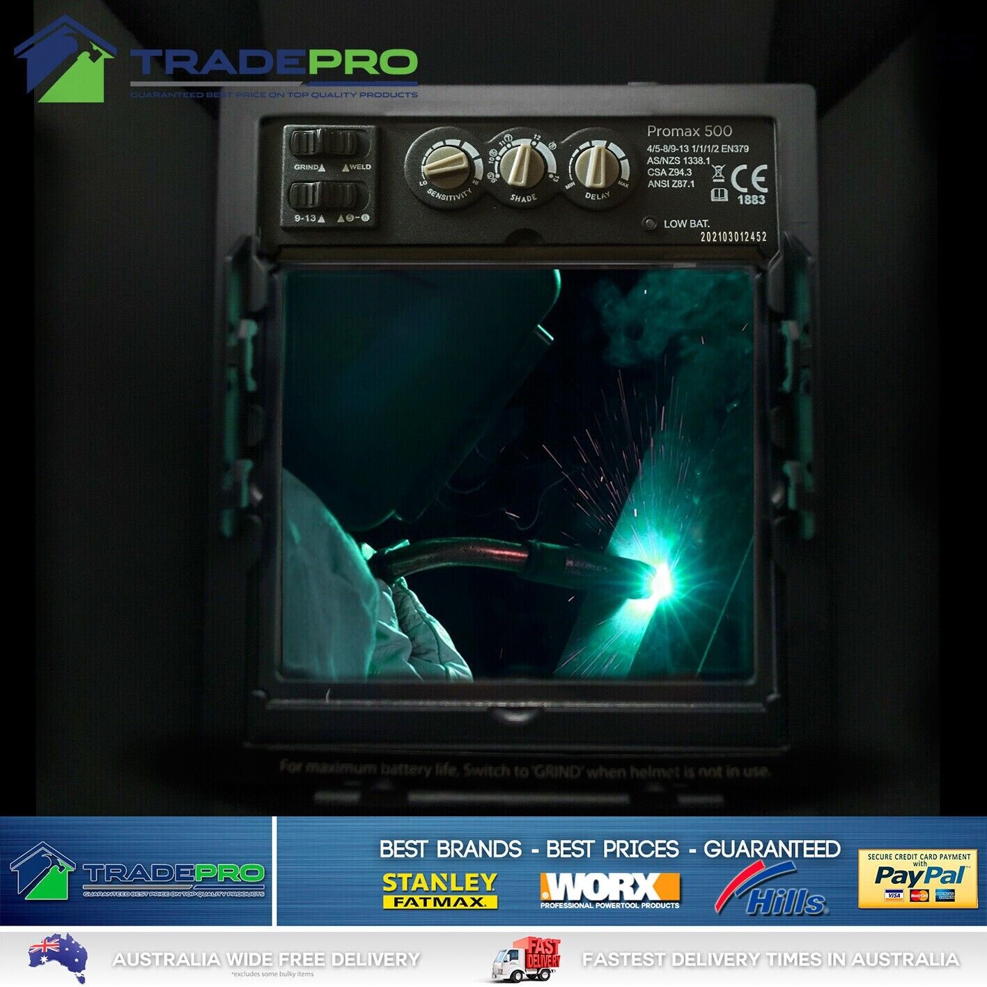Welding Helmet Mask Promax 500 Black Auto Sensor Welder Oxy TIG Boiler MIG Solar