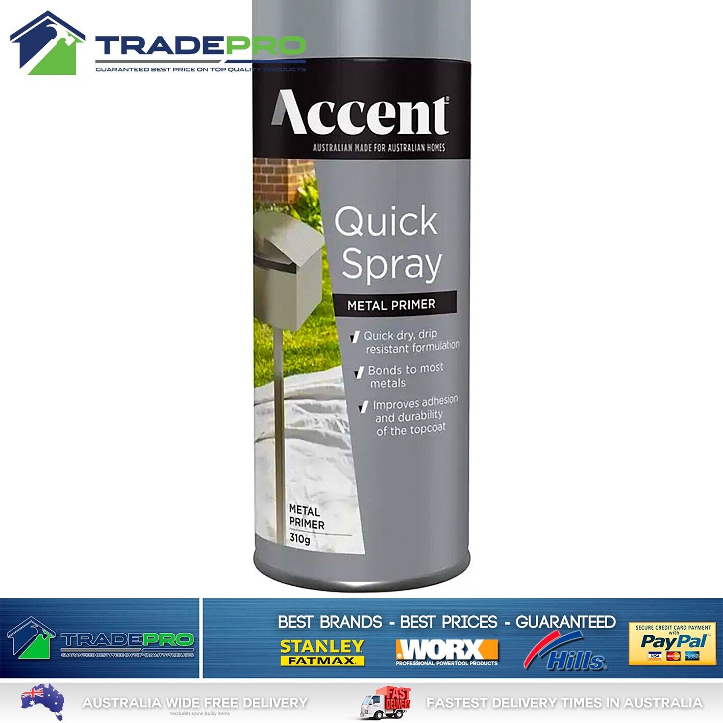 Spray Paint Can 310g Grey Metal Primer Quick Dry Smooth Bond Drip Resistant PRO