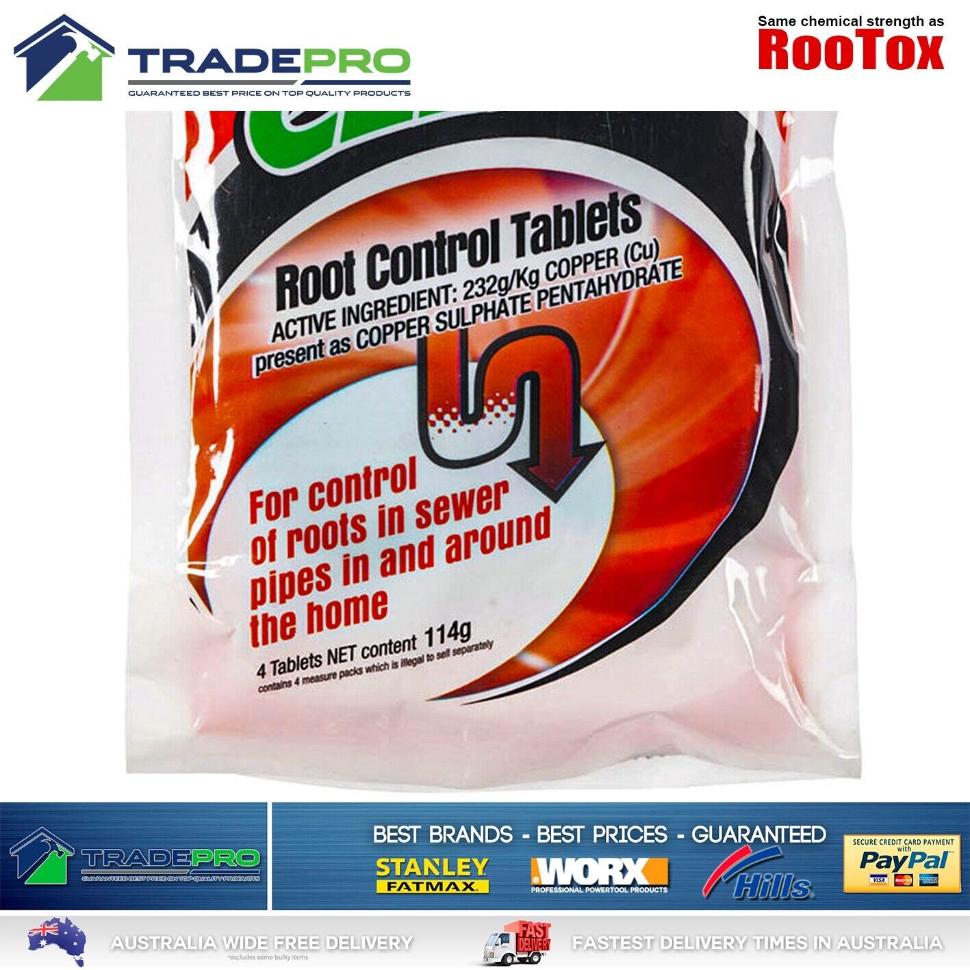 Root Control 4x Tablets 114g Sewer Pipe Toilet Copper Tree Rootox Drain Cleaner