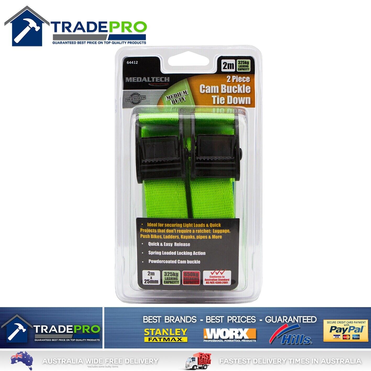 Tie Down Cam Buckle 2Mtr 2PC Trade Quality 650kg Quick Release Heavy Cargo Strap