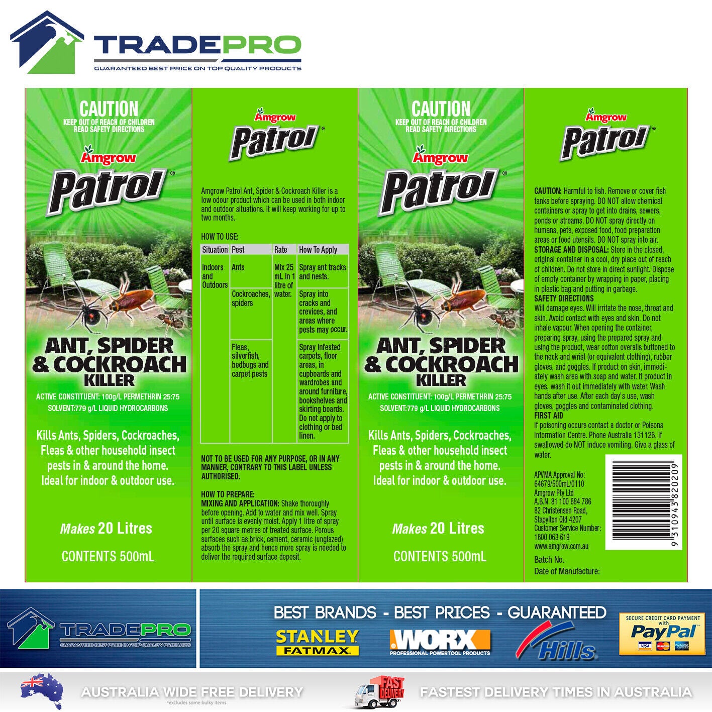 Patrol Ant Spider Cockroach Concentrate 500ml 2 Month Insect Killer Low odour