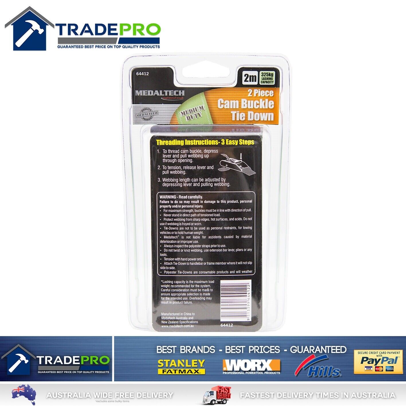 Tie Down Cam Buckle 2Mtr 2PC Trade Quality 650kg Quick Release Heavy Cargo Strap