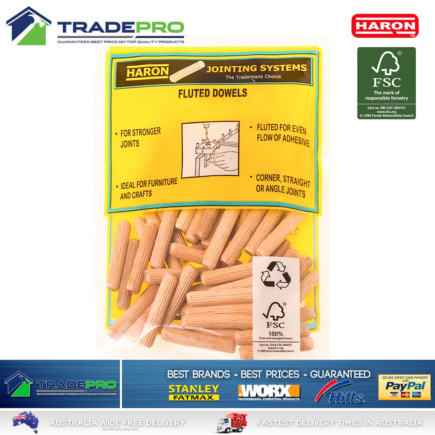 Dowels 6mm x32mm 150PC Fluted Wooden Hardwood Timber Dowel Pins Craft Cabinet
