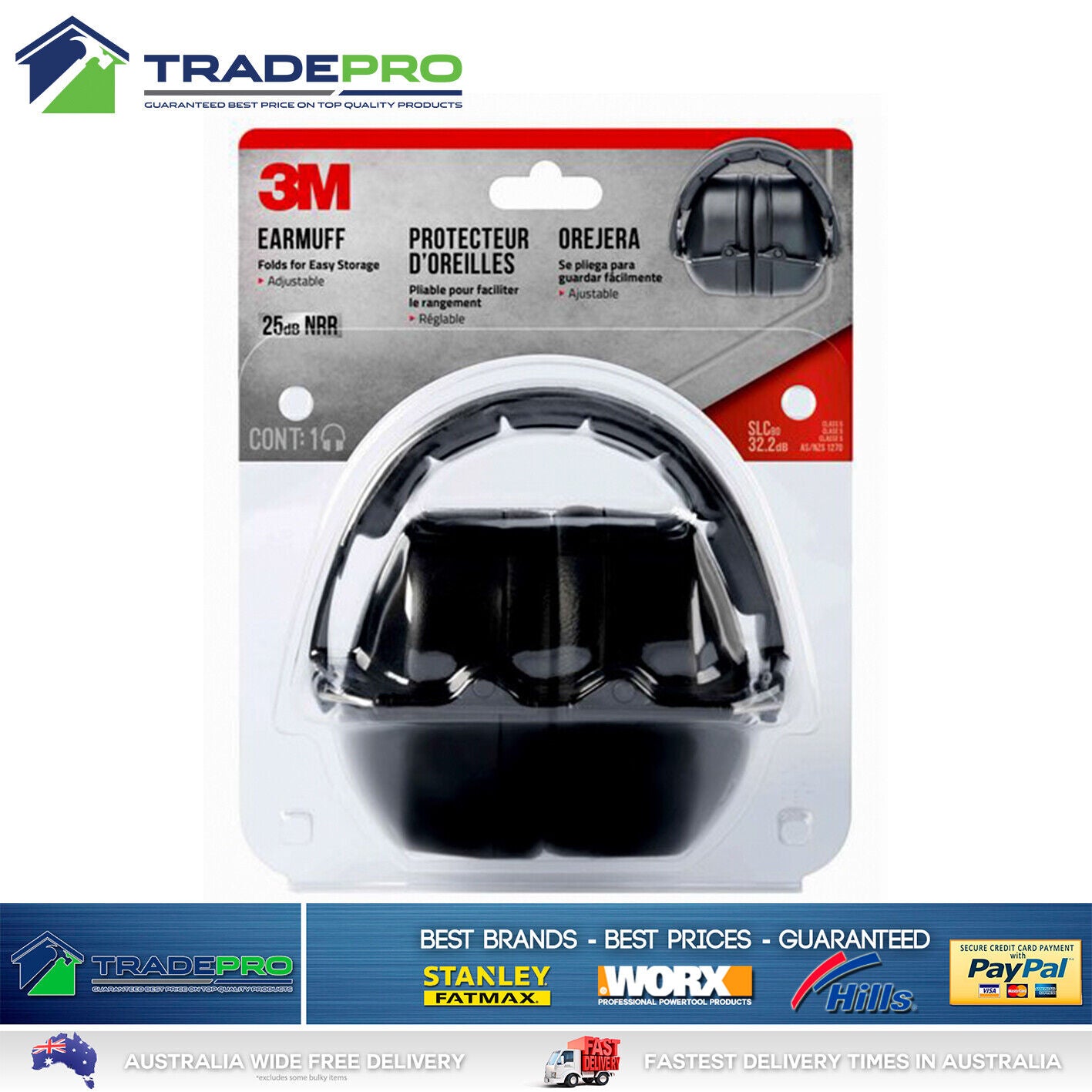 3M Folding PRO Padded Comfort Earmuffs Noise Reducing Ear Muff Set 25db NRR