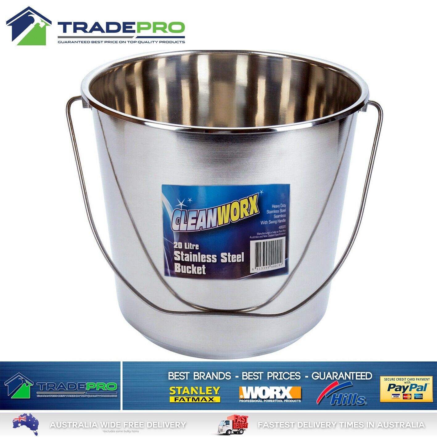 Stainless Steel Bucket with Handle 20Ltr HDuty Premium Quality NewModel 20L Pail