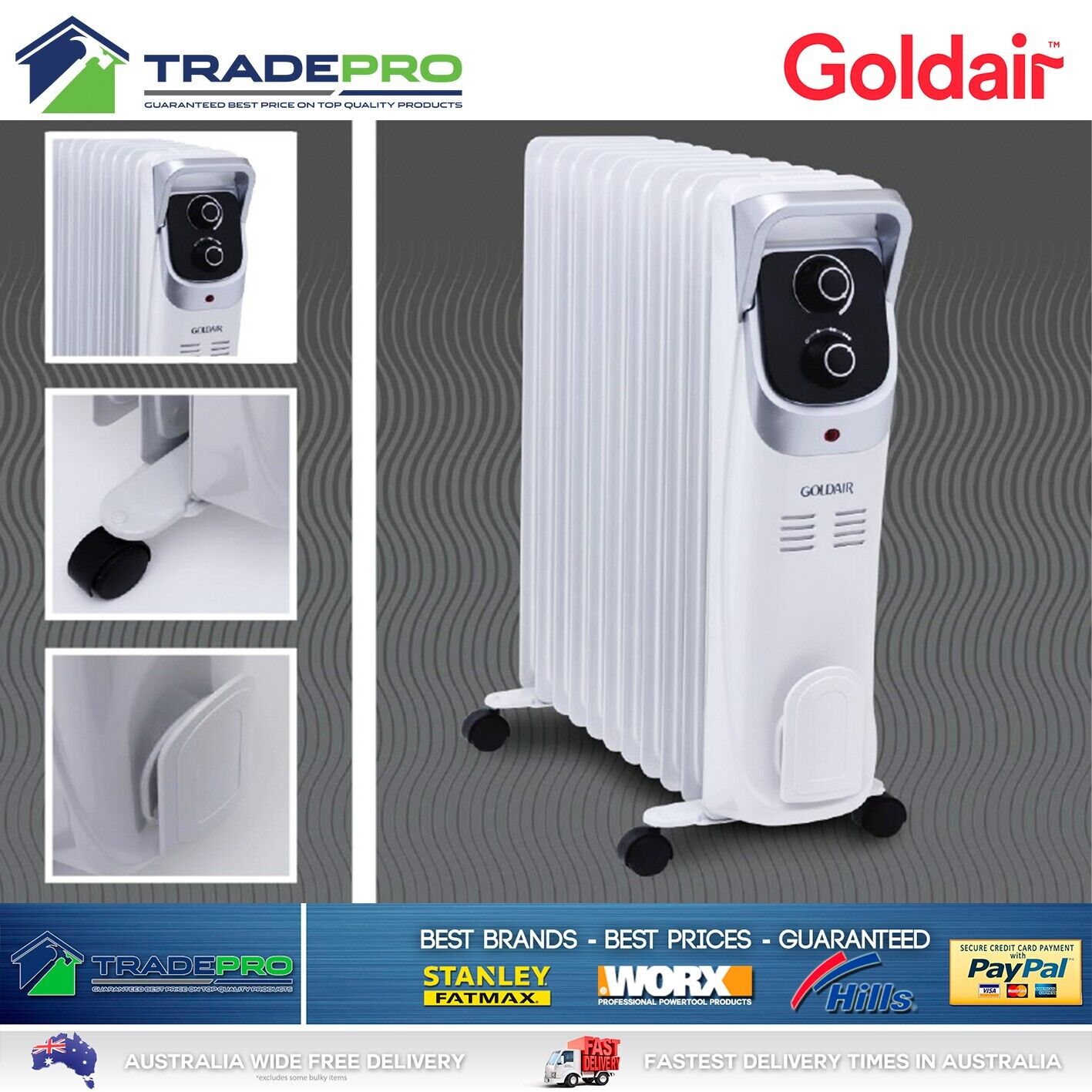 Goldair Genuine 11 Fin Tower Heater Column Portable Thermostat Home Slim Oil PRO