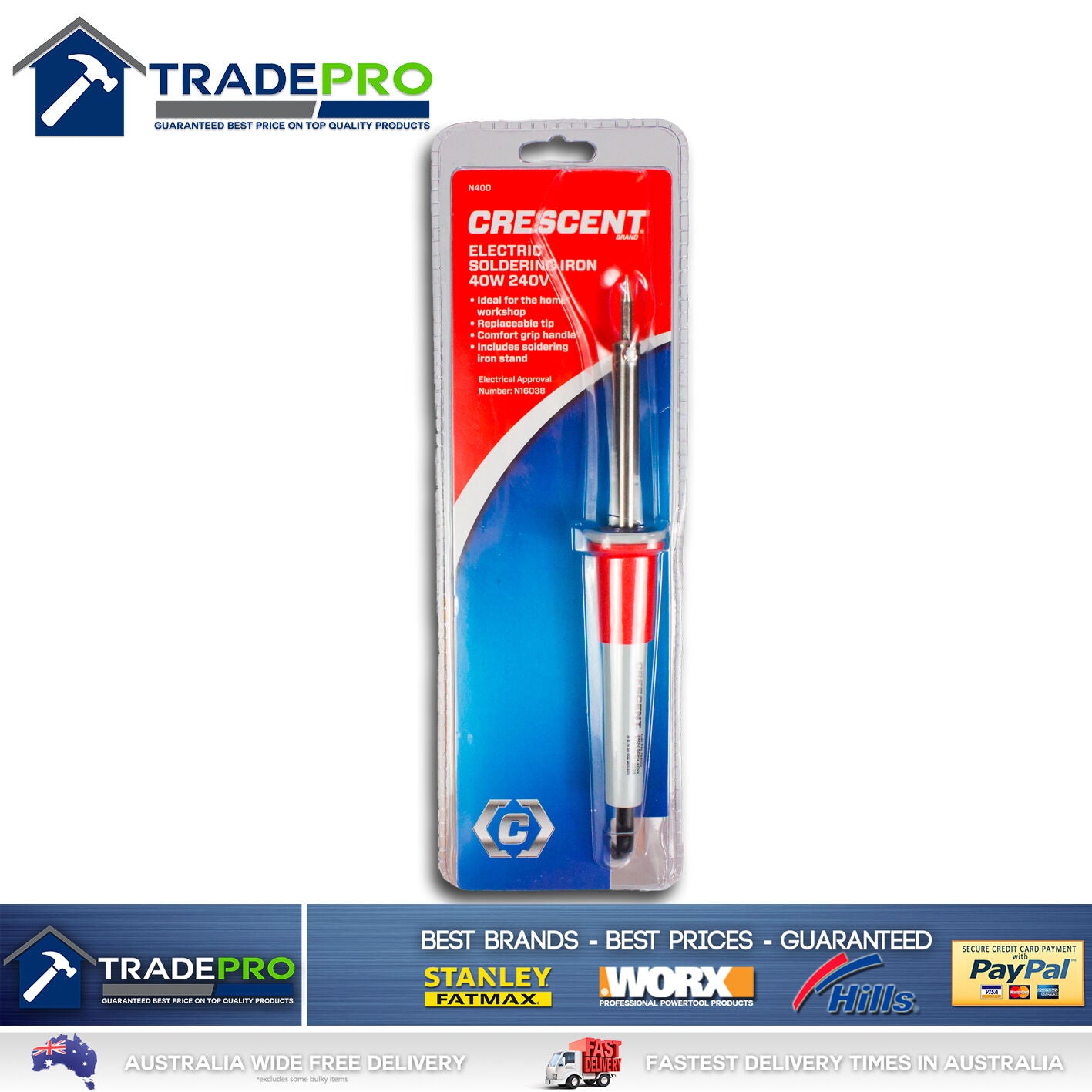 Soldering Iron 40Watt With Stand & Tips Solder Hobby Genuine Cresent Brand 40W